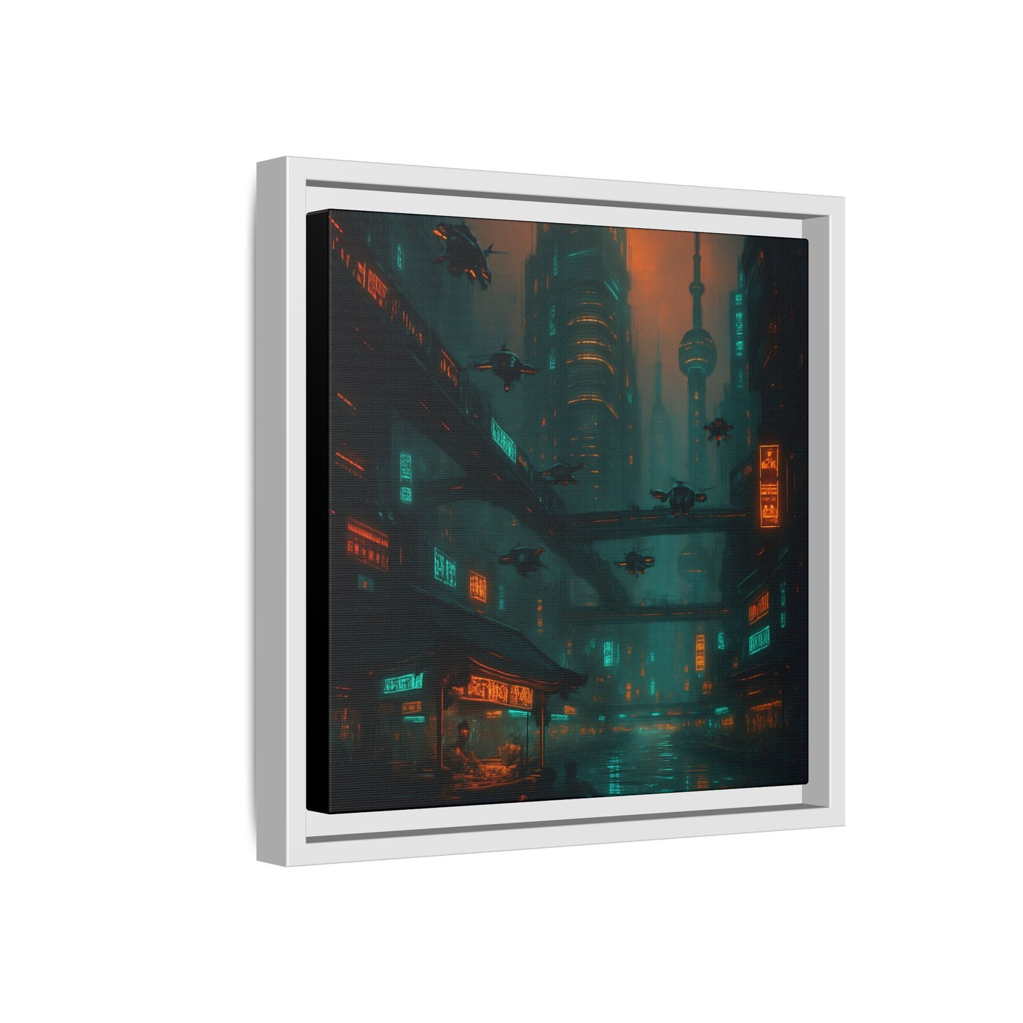 Neon Drone Cityscape Framed Matte Canvas