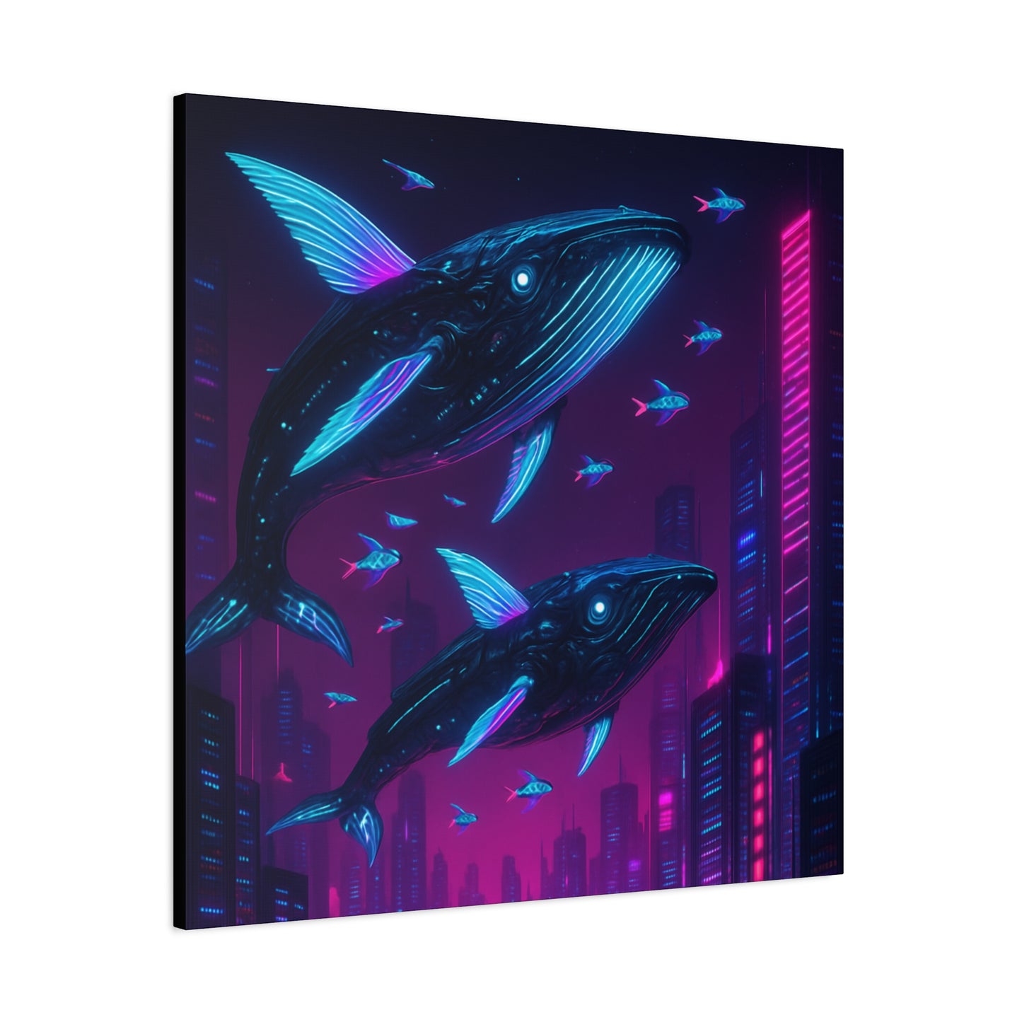 Neon Skyline Whales Matte Canvas