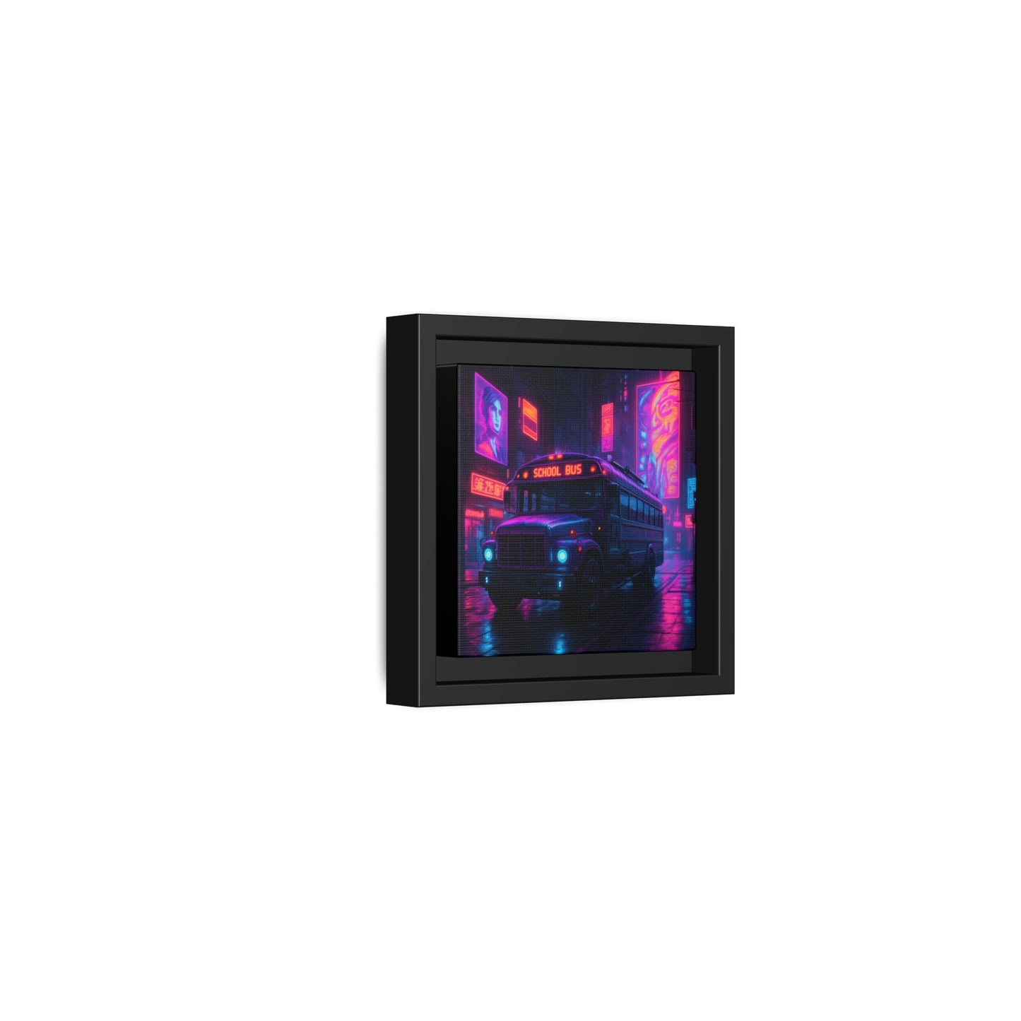 Neon School Bus City Framed Matte Canvas