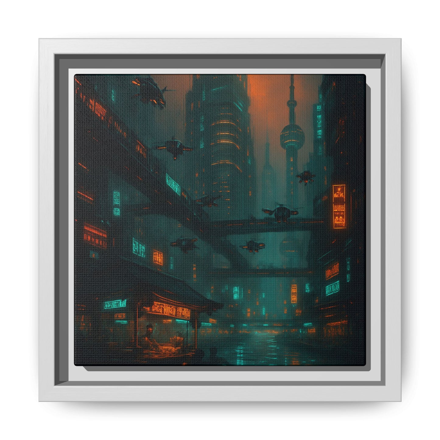 Neon Drone Cityscape Framed Matte Canvas