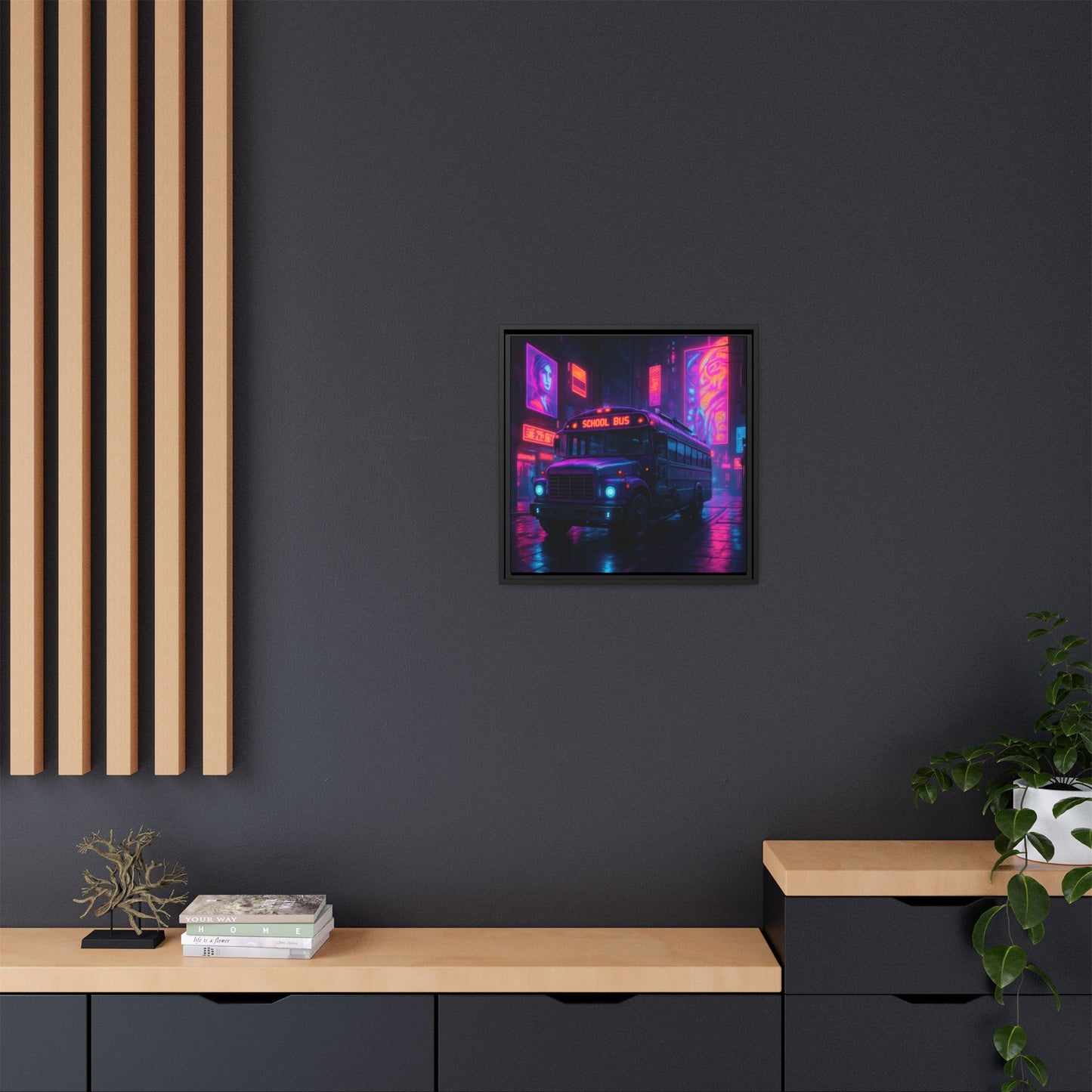 Neon School Bus City Framed Matte Canvas