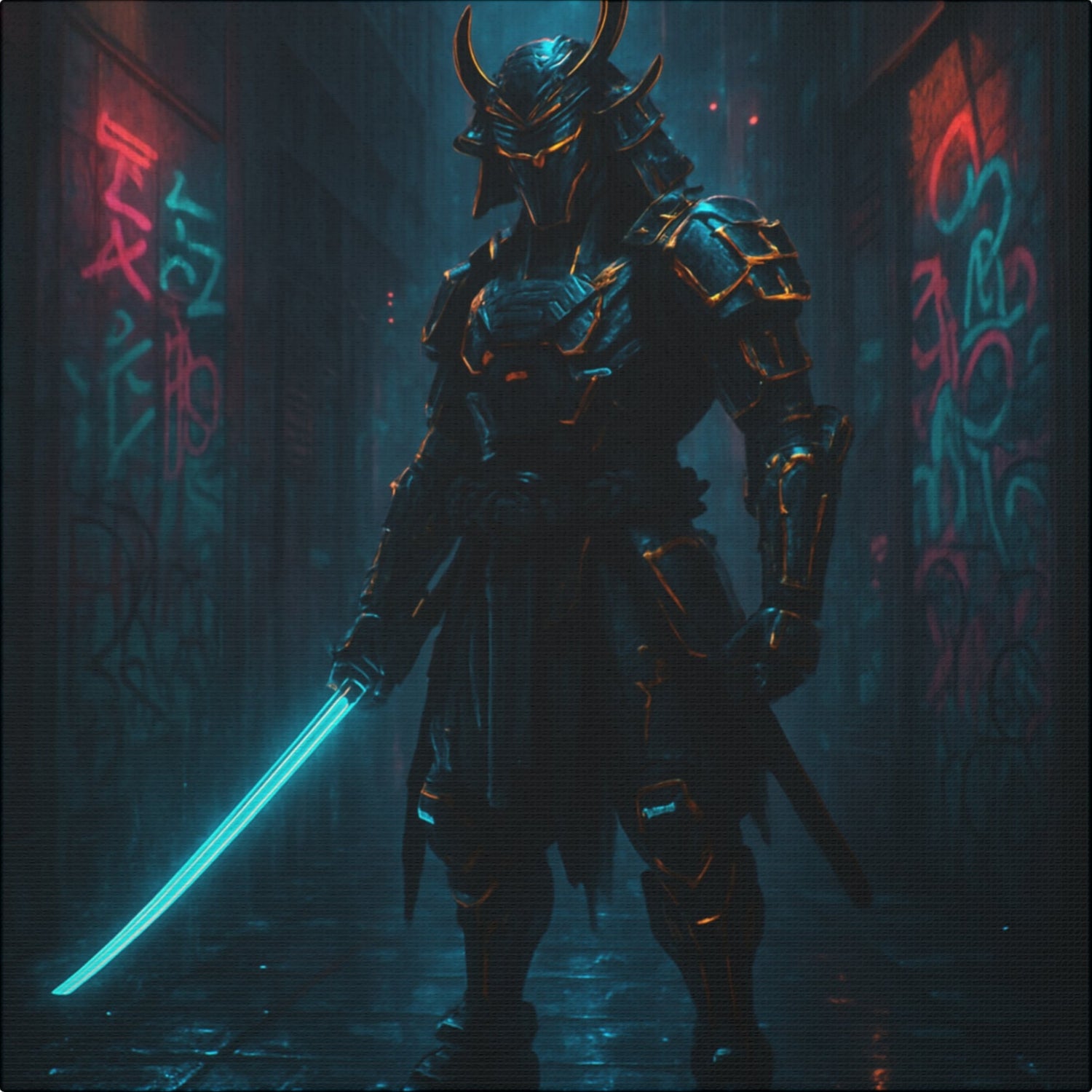 Samurai warrior in dark armor with a glowing sword in a neon-lit alleyway
