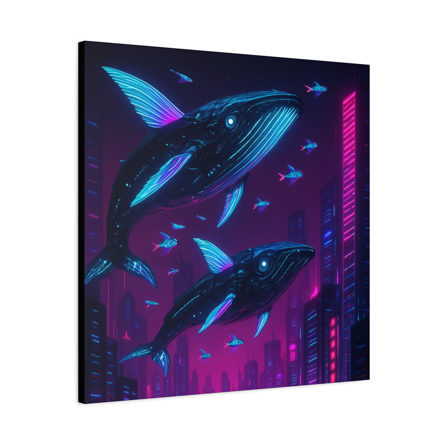 Neon Skyline Whales Matte Canvas