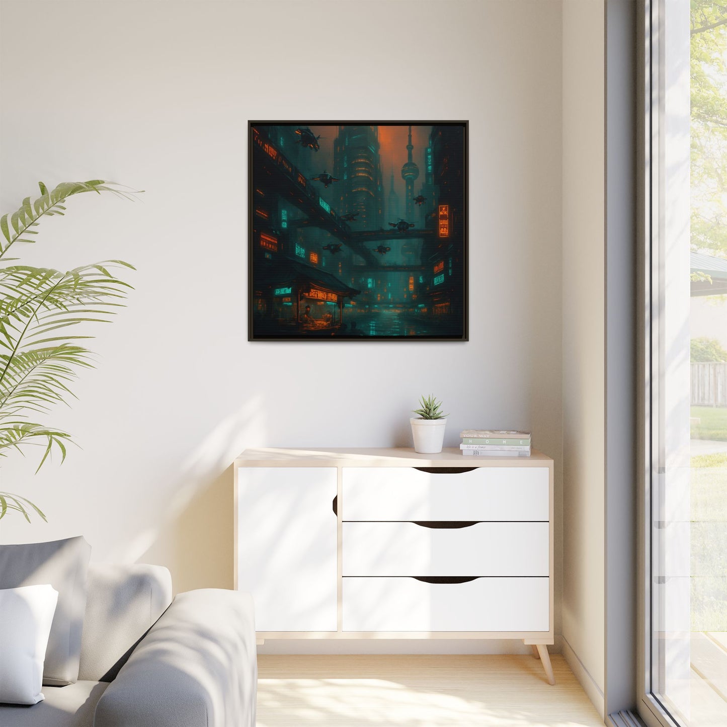 Neon Drone Cityscape Framed Matte Canvas
