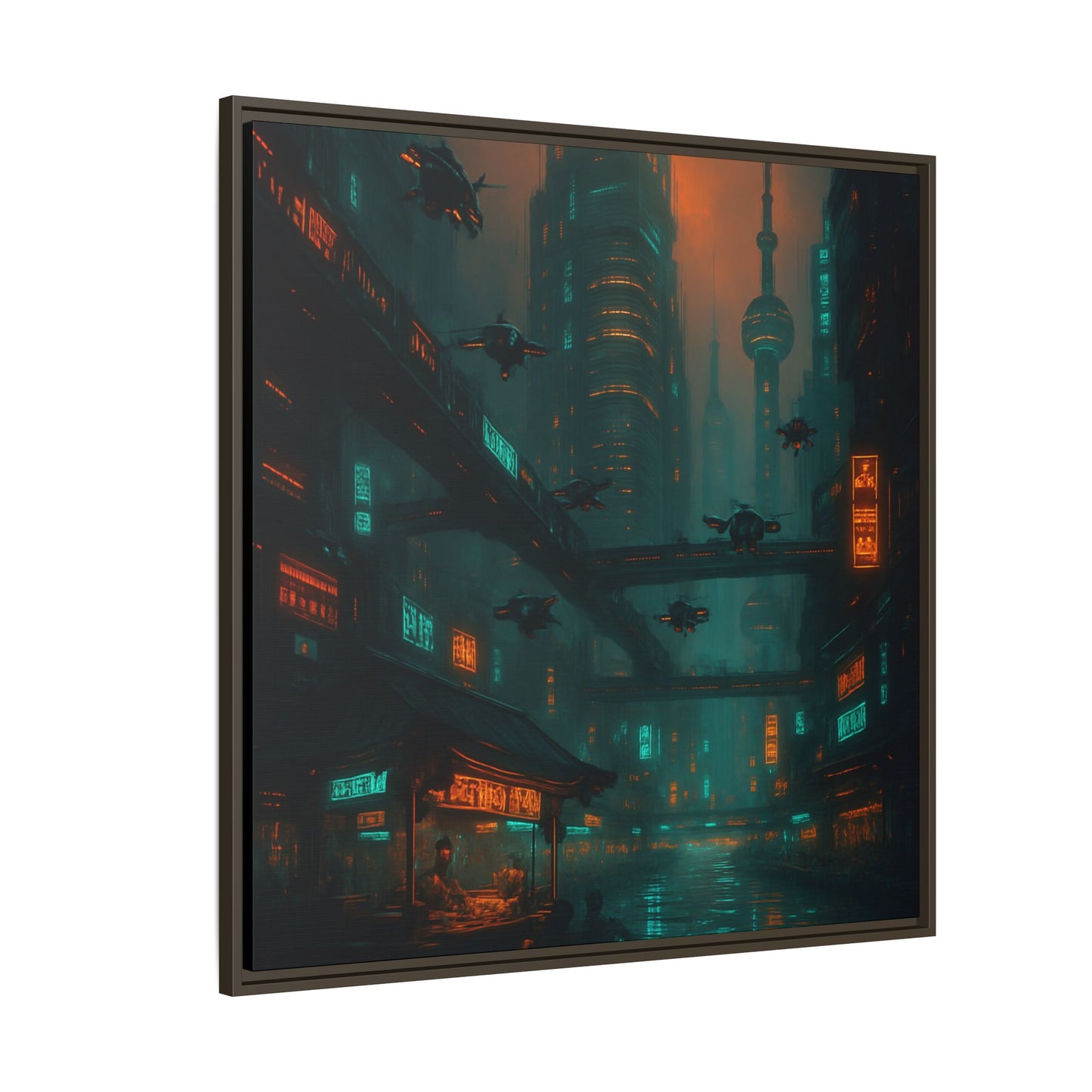 Neon Drone Cityscape Framed Matte Canvas