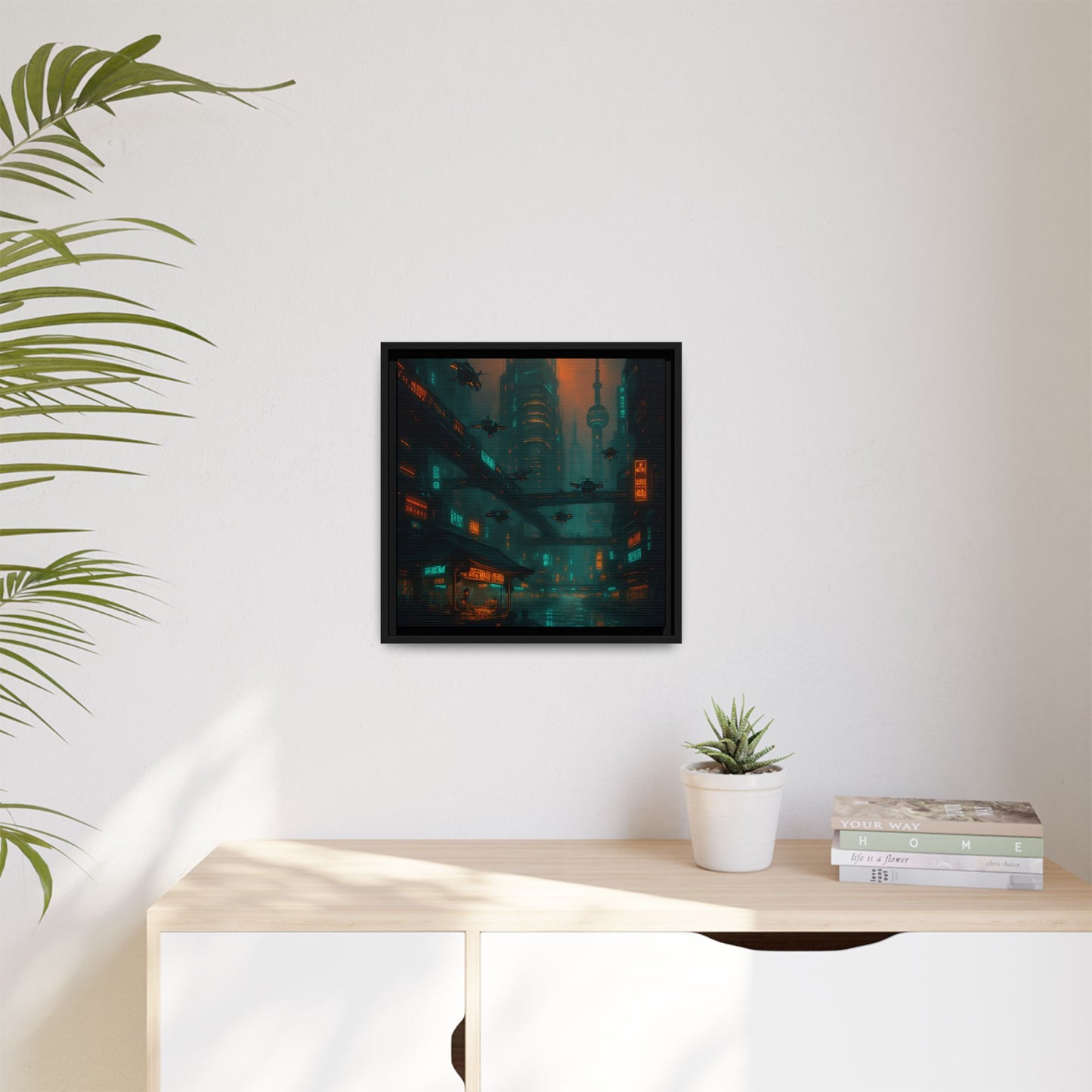Neon Drone Cityscape Framed Matte Canvas