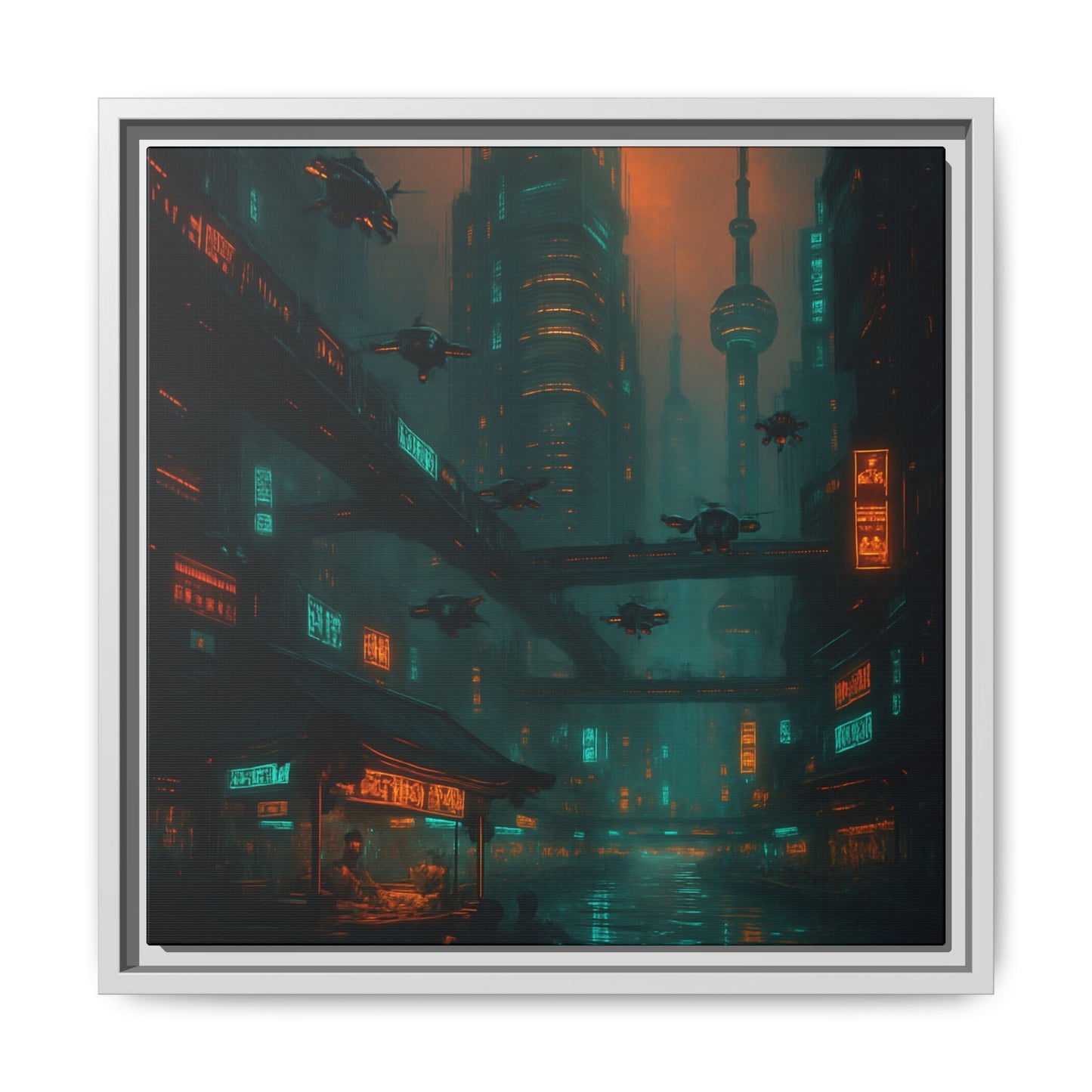Neon Drone Cityscape Framed Matte Canvas