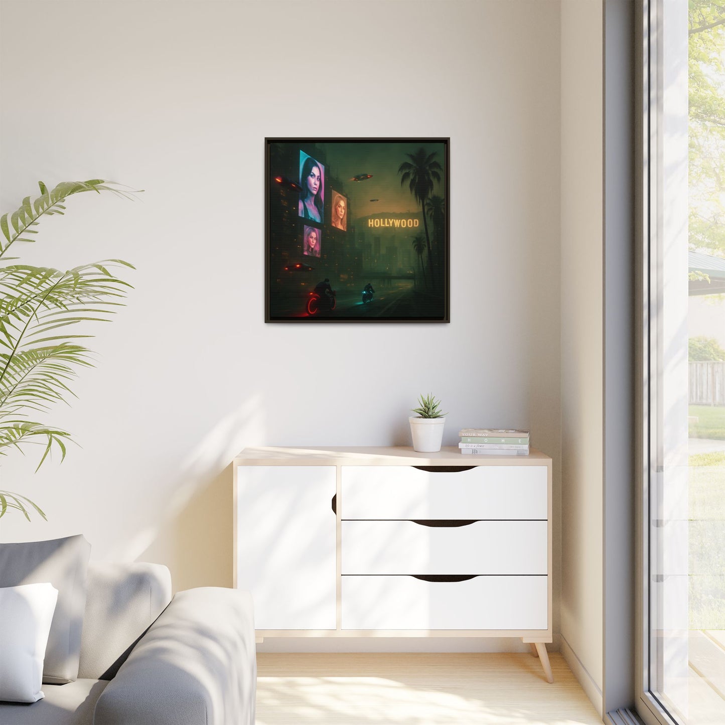 Neon Hollywood Nights Framed Matte Canvas