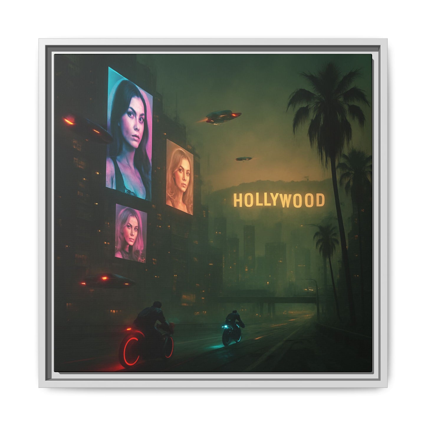 Neon Hollywood Nights Framed Matte Canvas