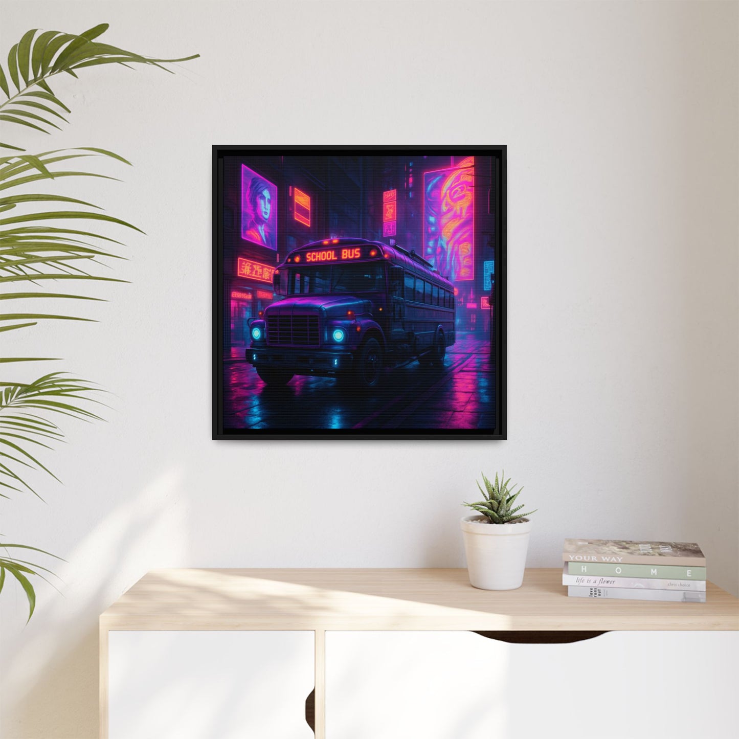Neon School Bus City Framed Matte Canvas