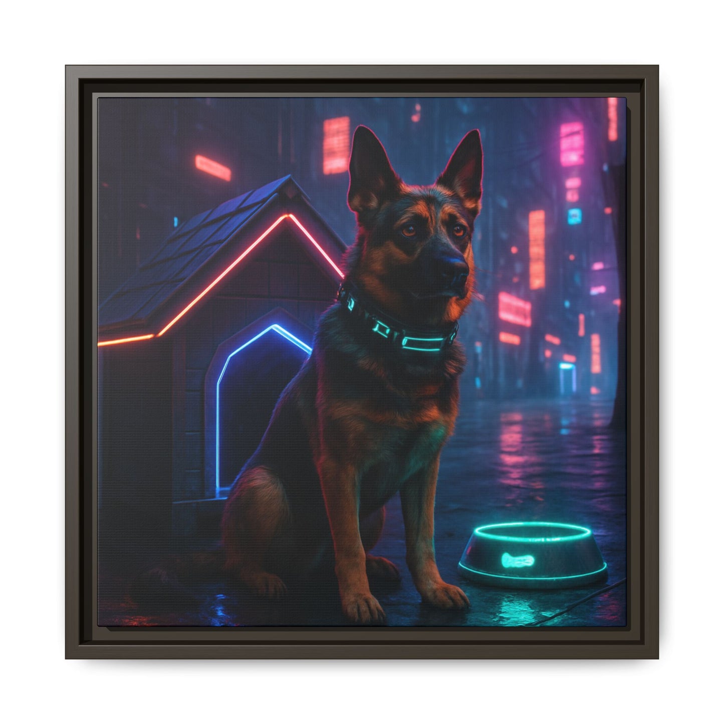 Neon City Dog Framed Matte Canvas