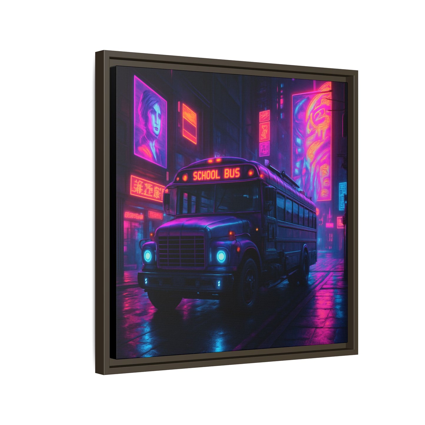Neon School Bus City Framed Matte Canvas