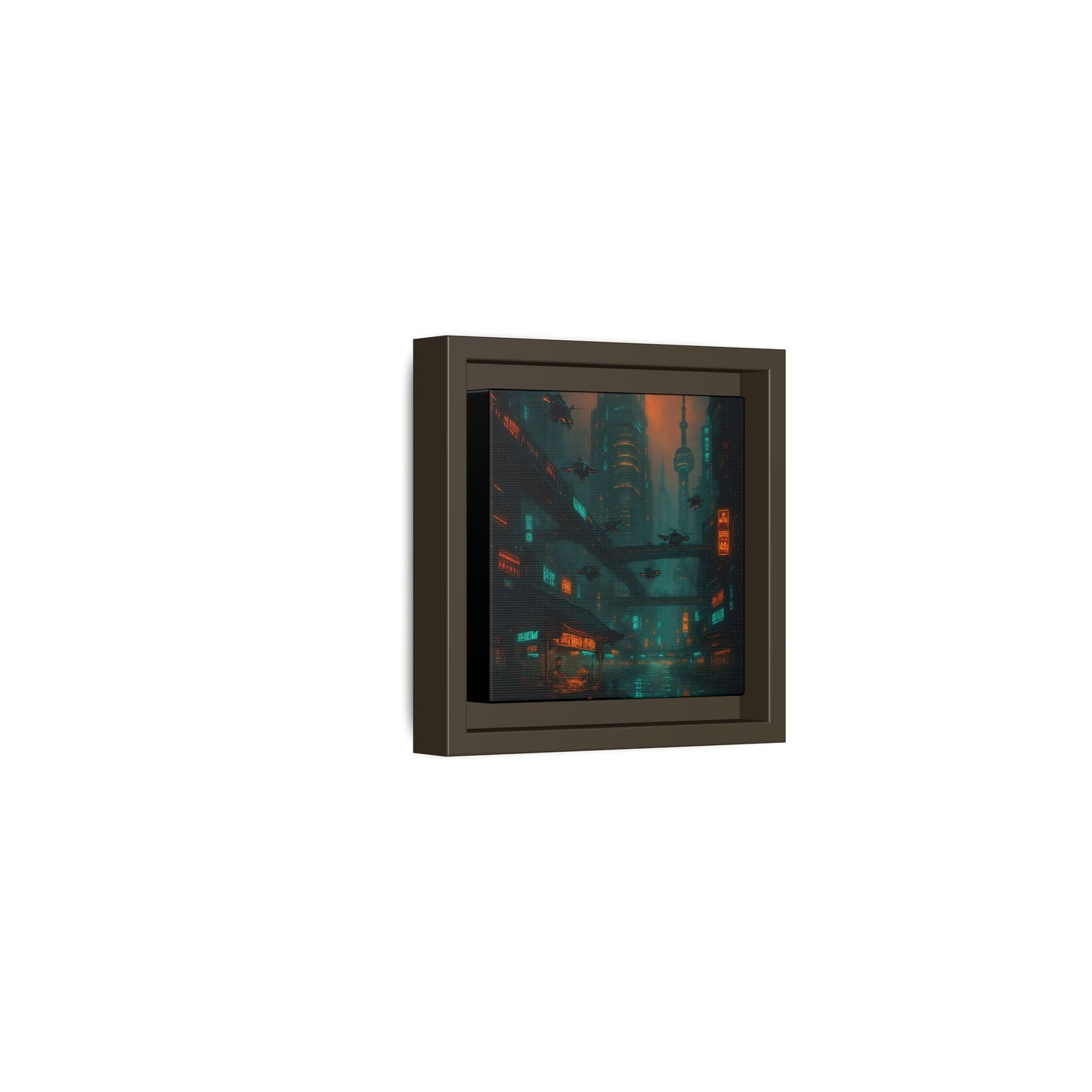 Neon Drone Cityscape Framed Matte Canvas