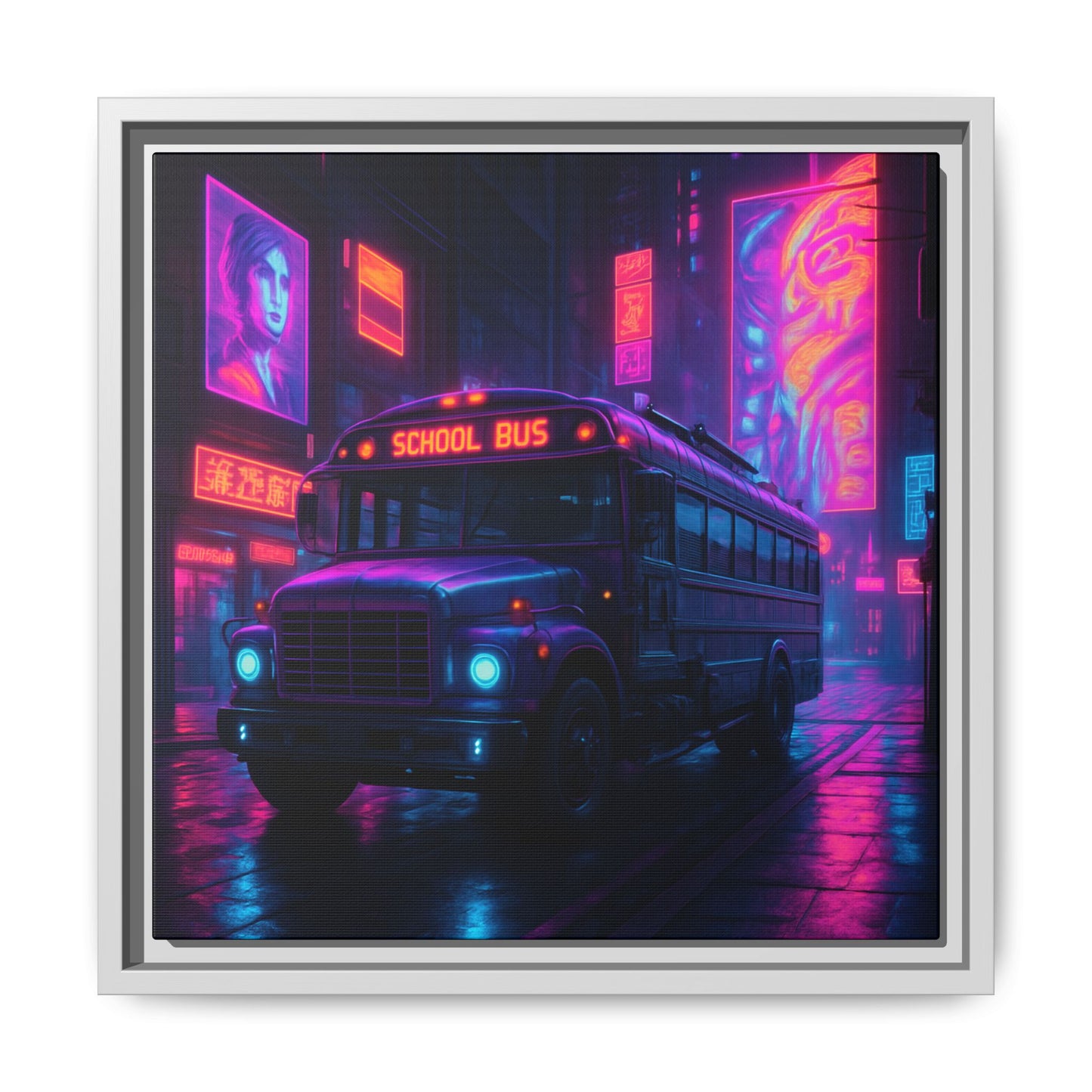 Neon School Bus City Framed Matte Canvas