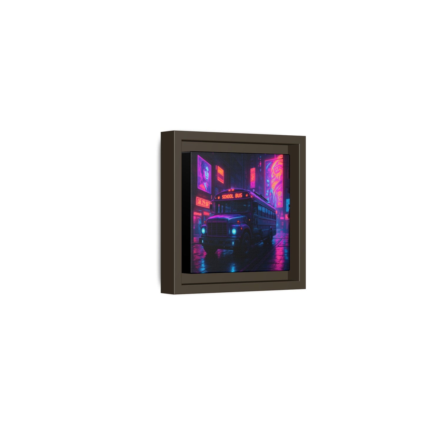 Neon School Bus City Framed Matte Canvas