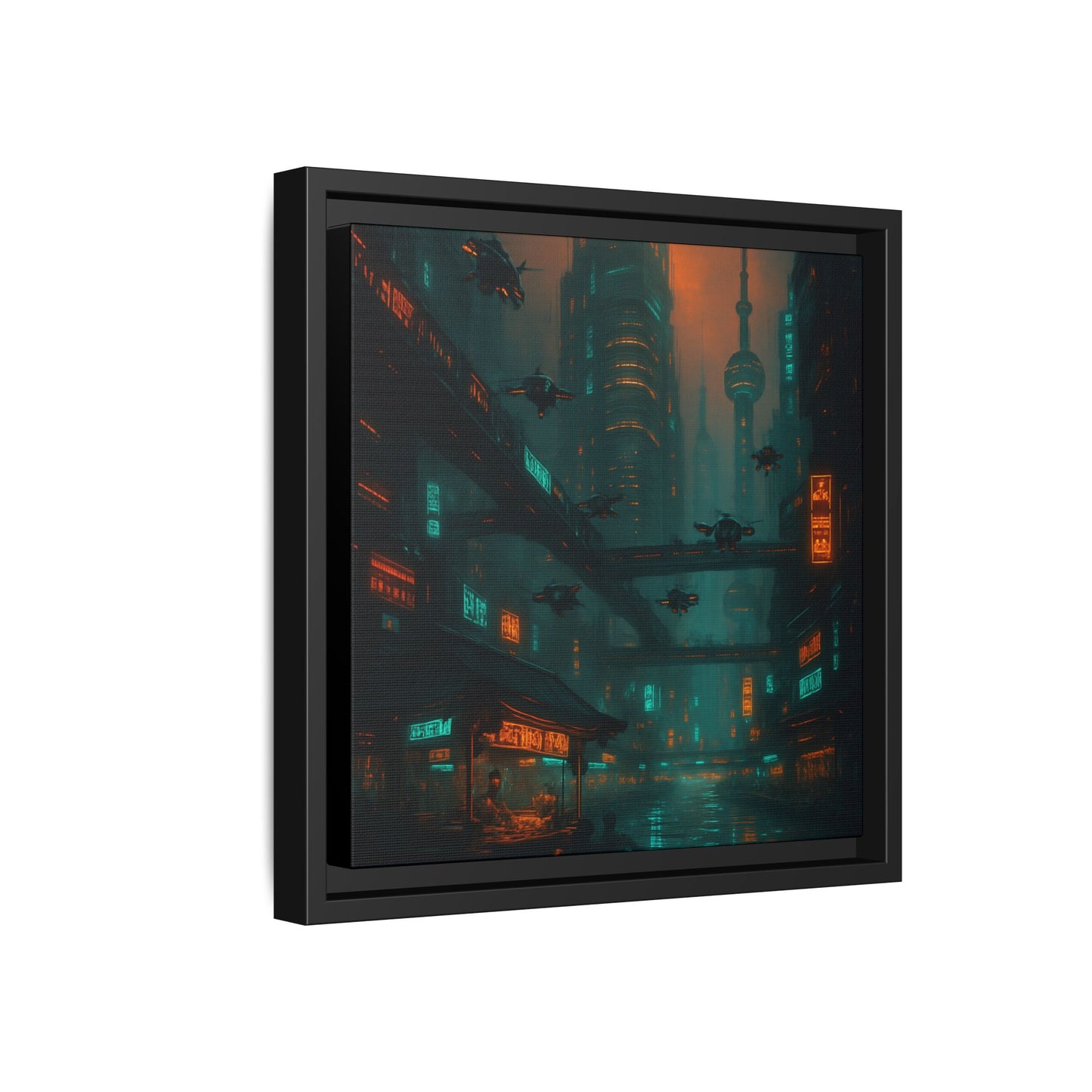 Neon Drone Cityscape Framed Matte Canvas
