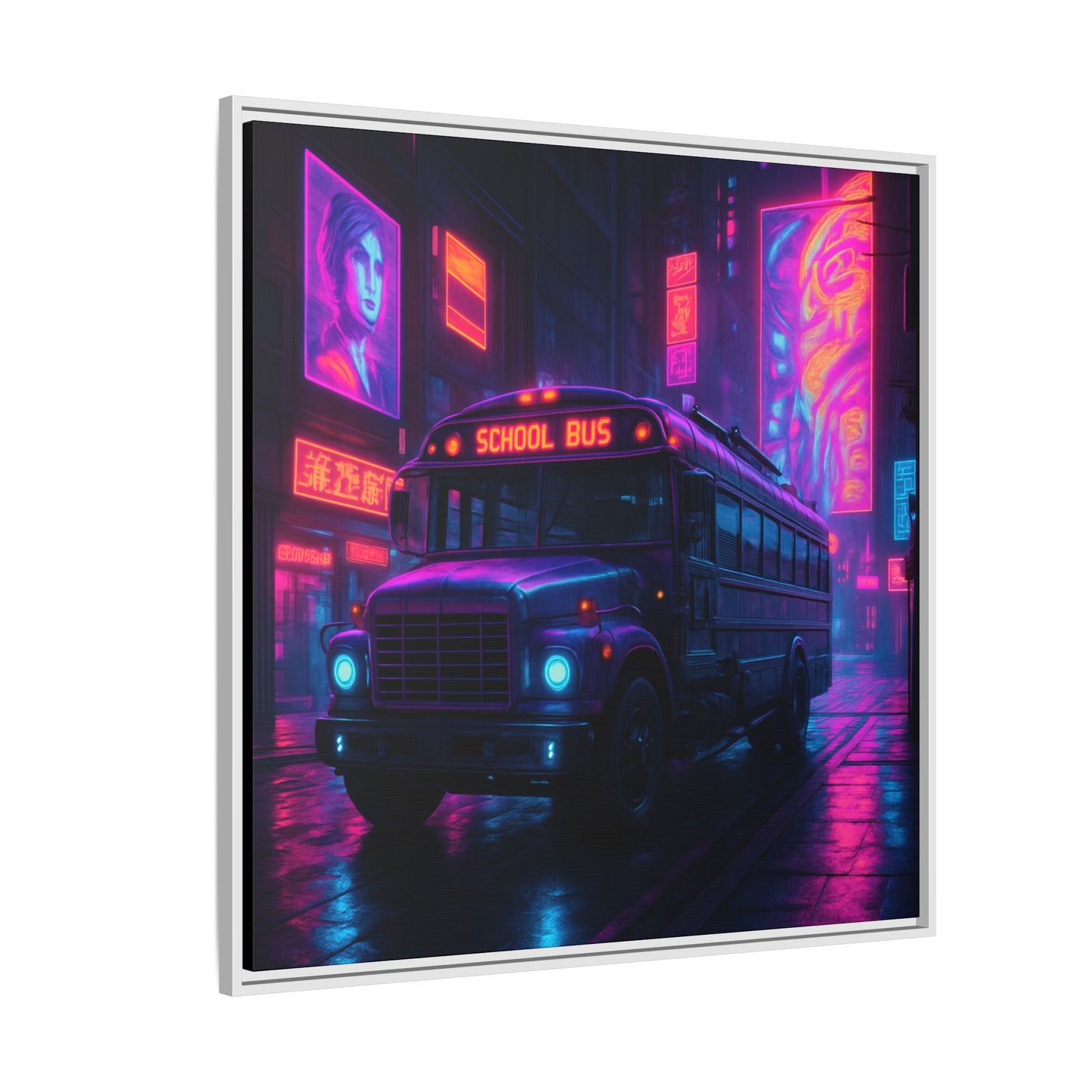 Neon School Bus City Framed Matte Canvas