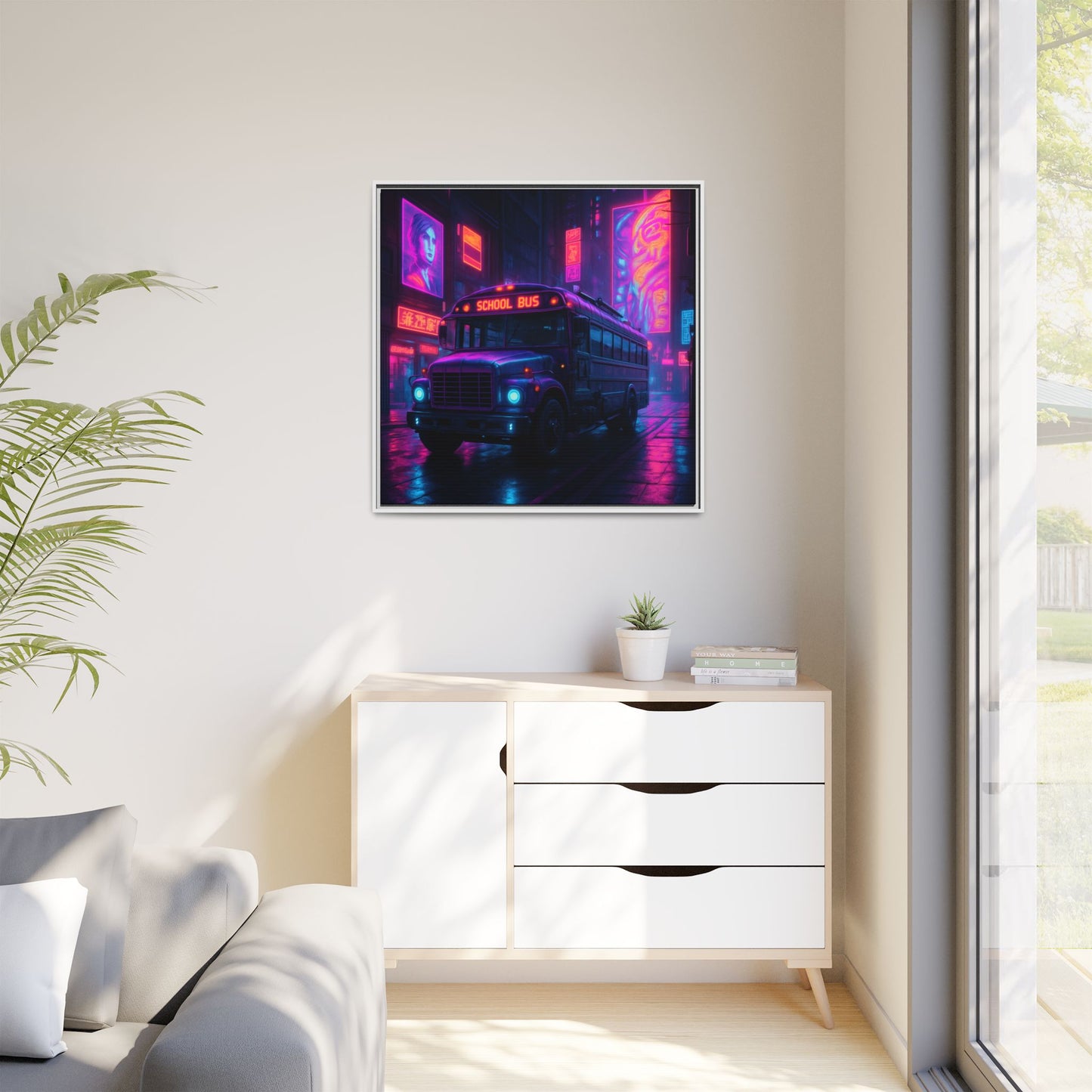 Neon School Bus City Framed Matte Canvas