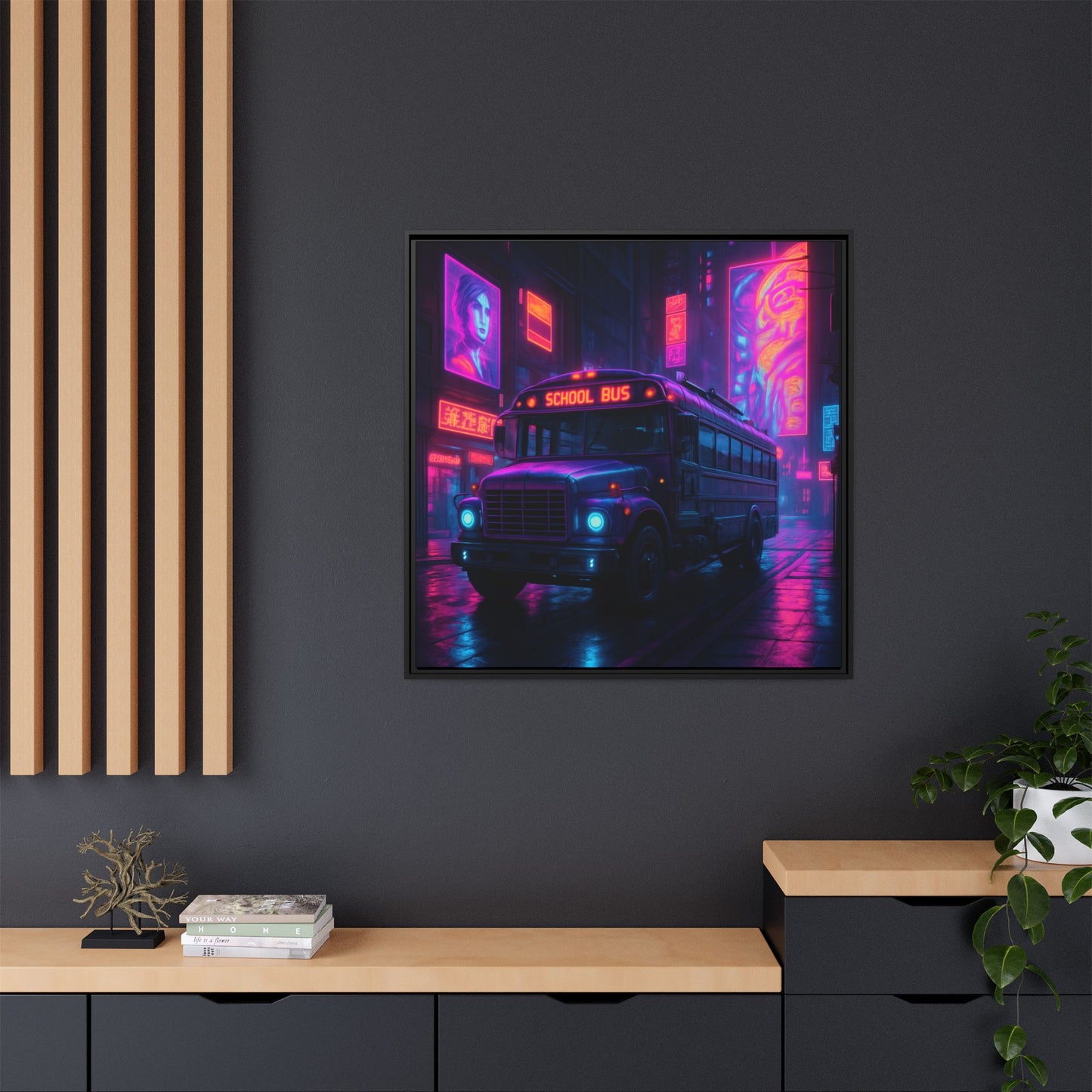 Neon School Bus City Framed Matte Canvas