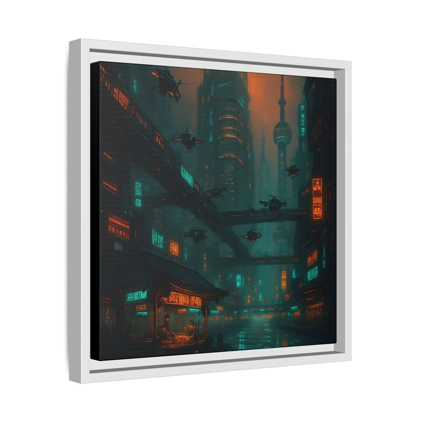 Neon Drone Cityscape Framed Matte Canvas