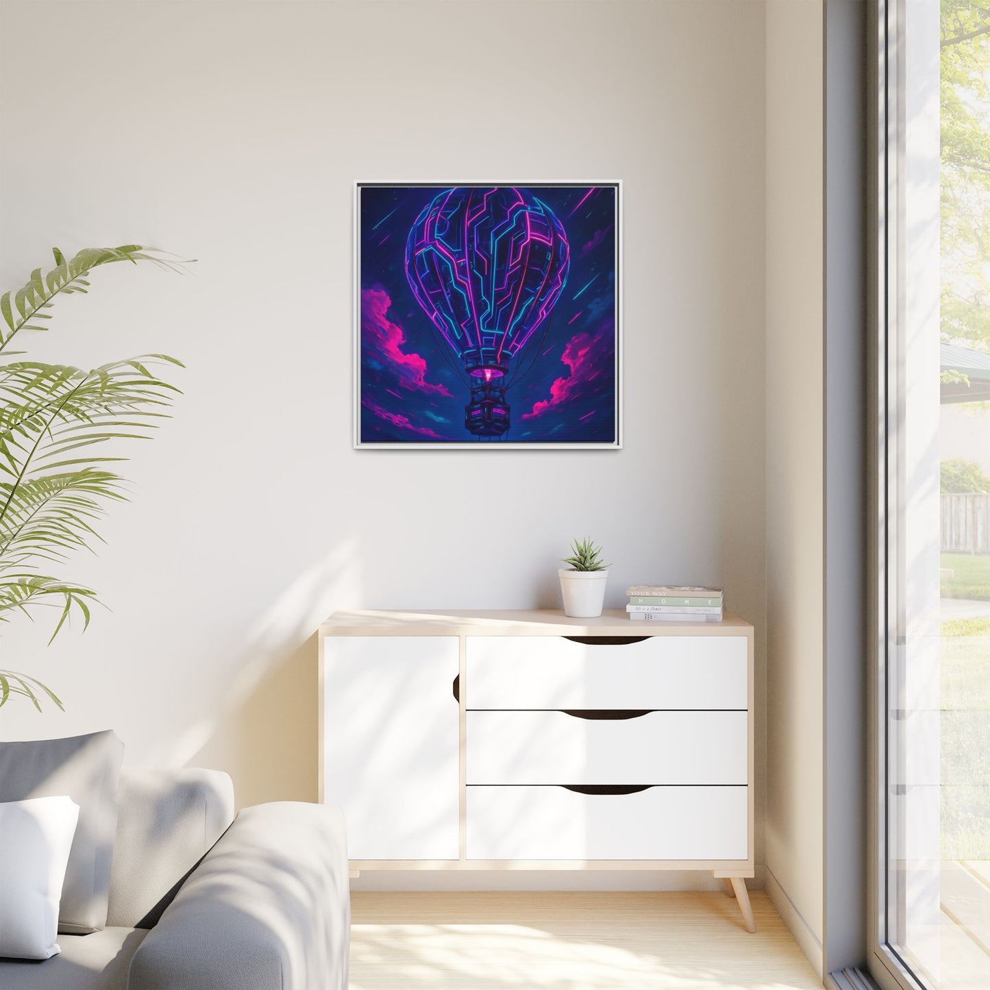 Neon Circuit Balloon Framed Matte Canvas