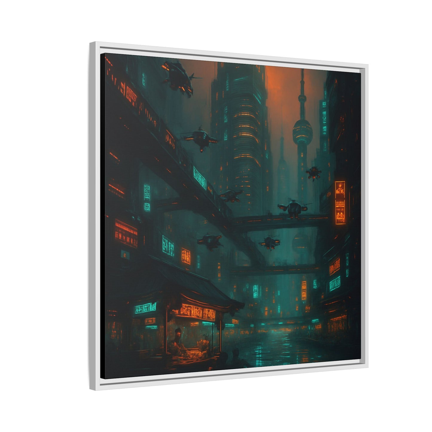 Neon Drone Cityscape Framed Matte Canvas