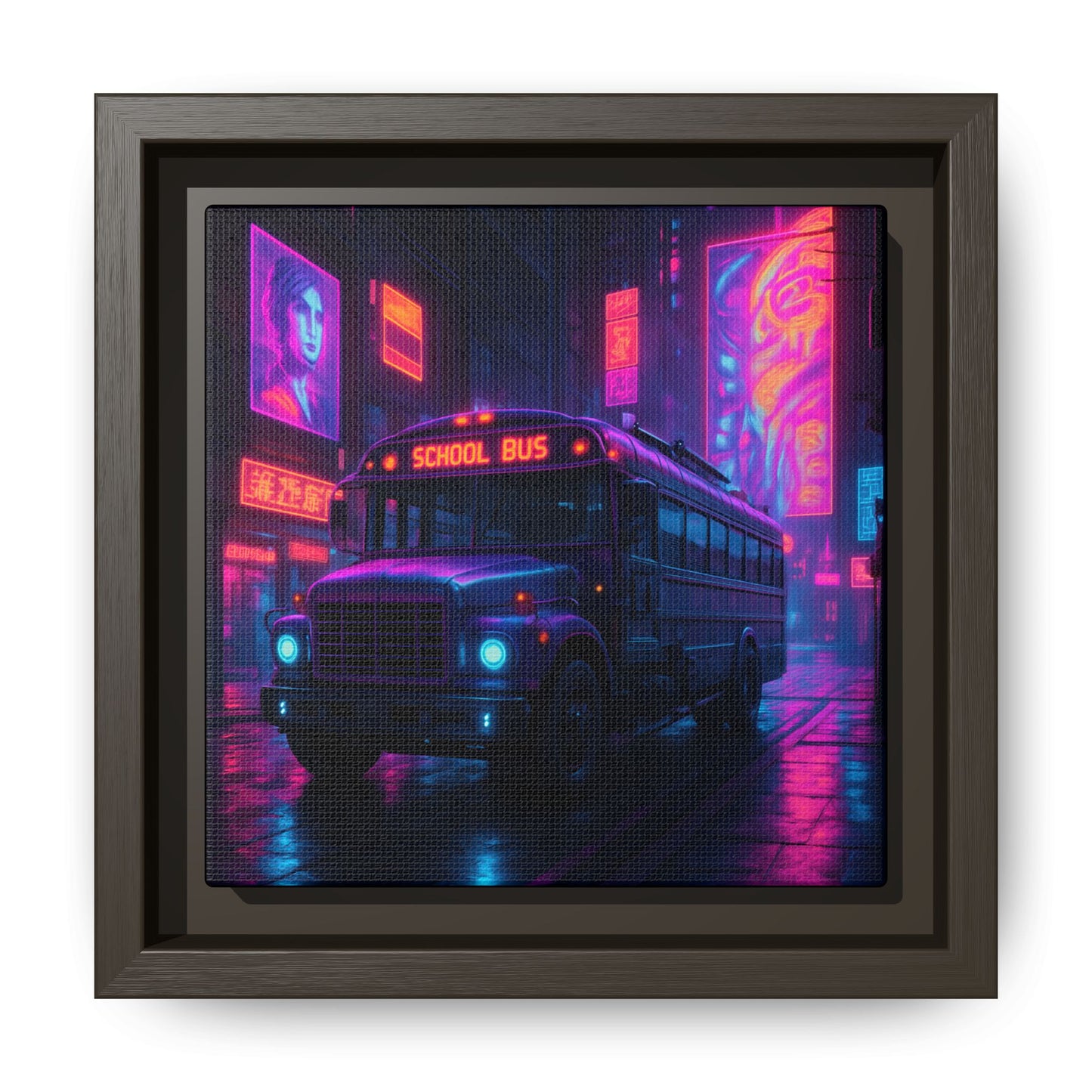 Neon School Bus City Framed Matte Canvas