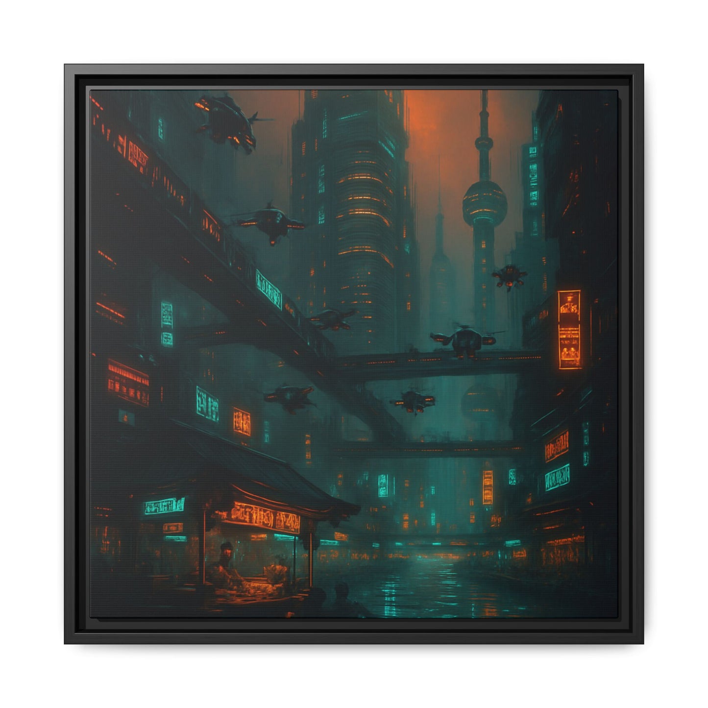 Neon Drone Cityscape Framed Matte Canvas