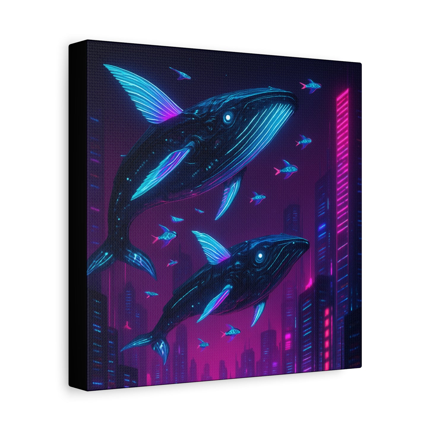 Neon Skyline Whales Matte Canvas