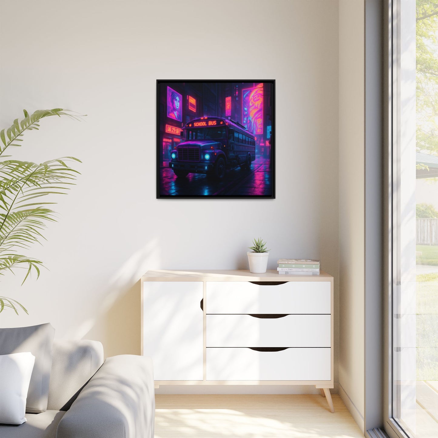 Neon School Bus City Framed Matte Canvas