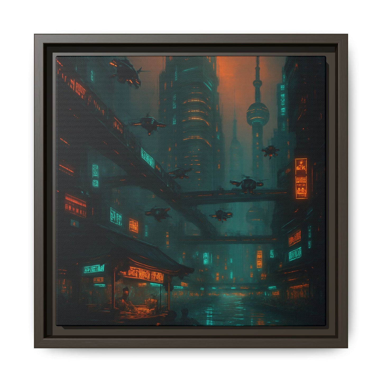 Neon Drone Cityscape Framed Matte Canvas