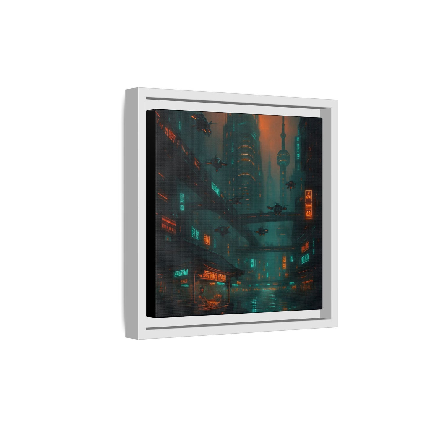 Neon Drone Cityscape Framed Matte Canvas