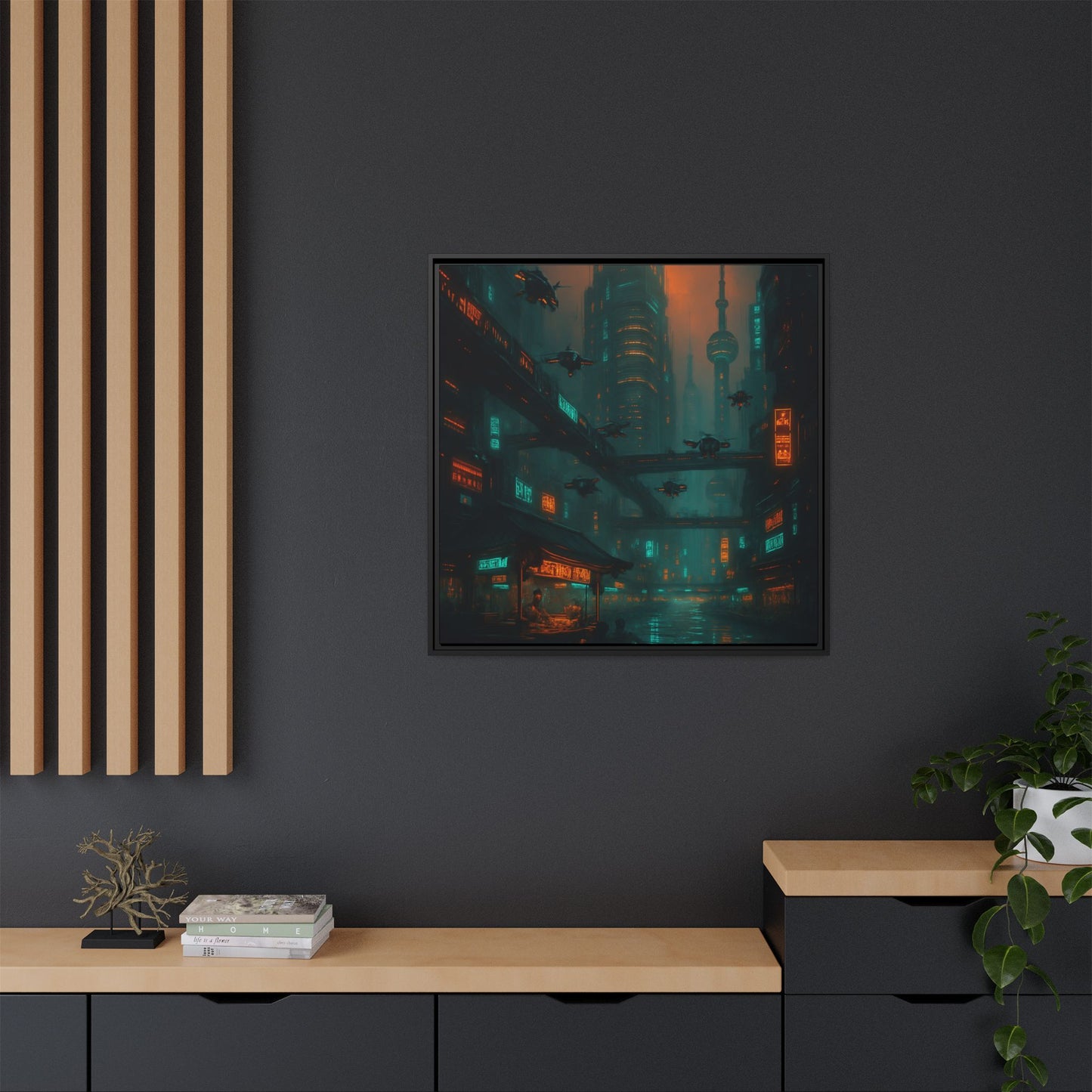 Neon Drone Cityscape Framed Matte Canvas