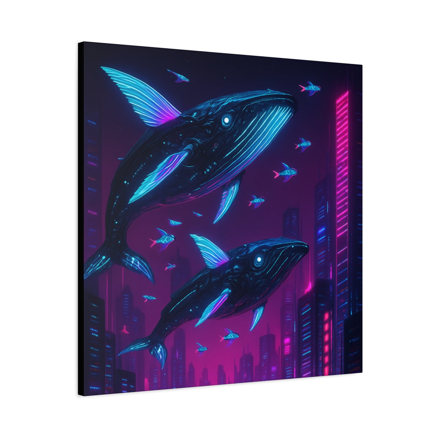 Neon Skyline Whales Matte Canvas