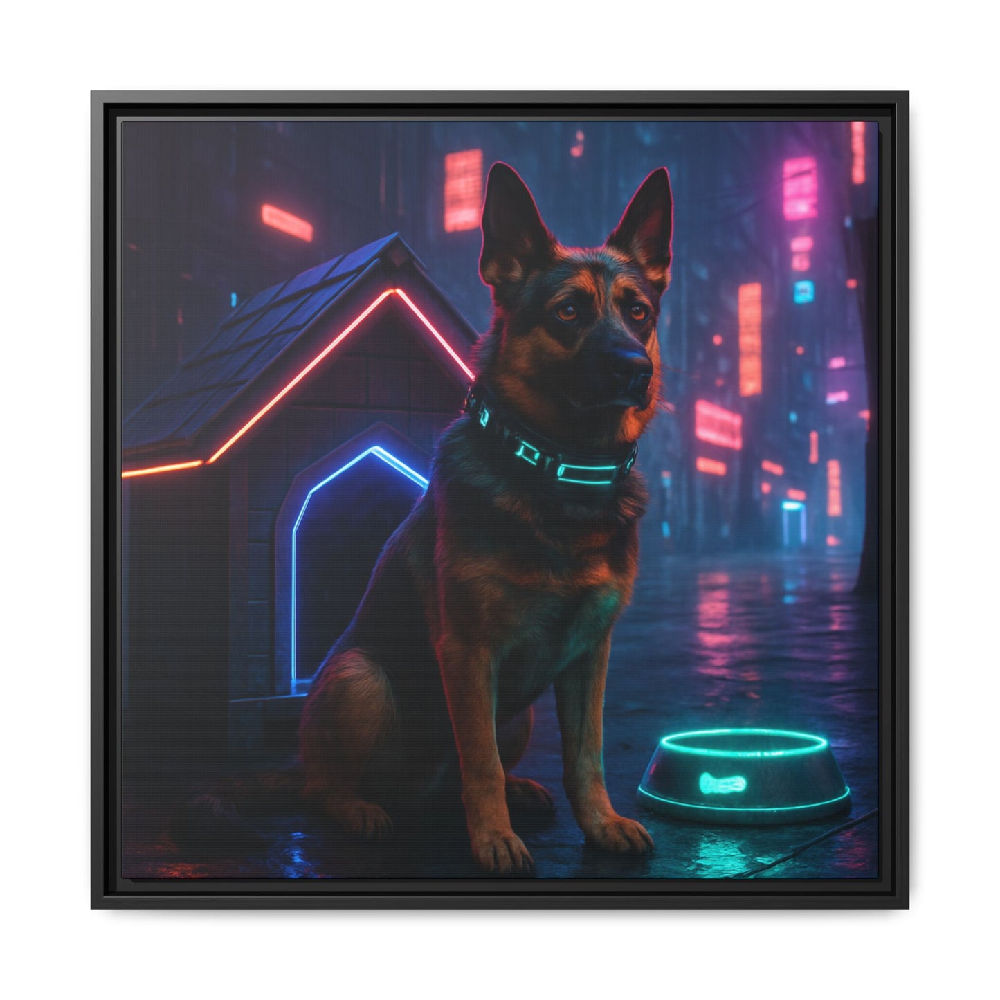 Neon City Dog Framed Matte Canvas