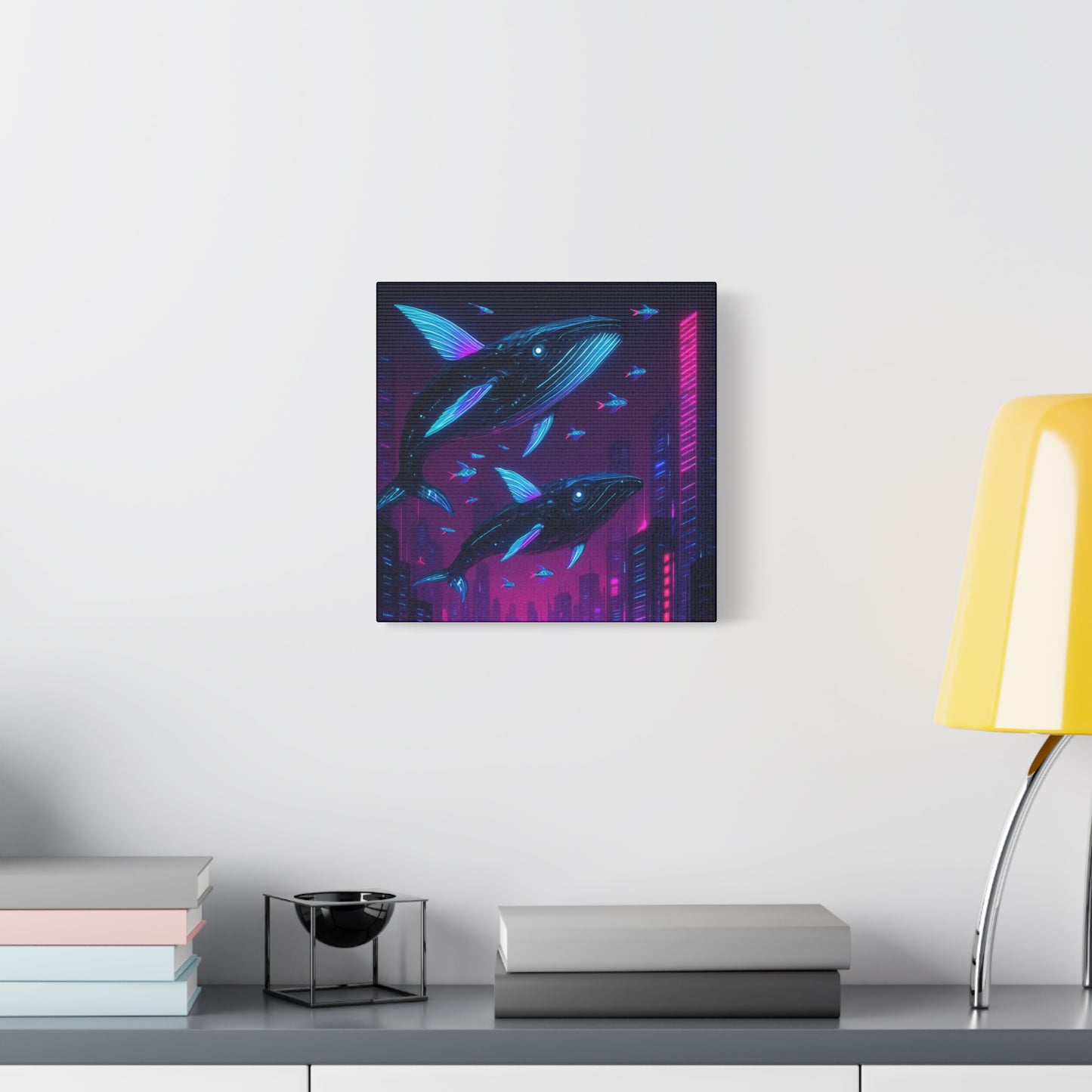 Neon Skyline Whales Matte Canvas