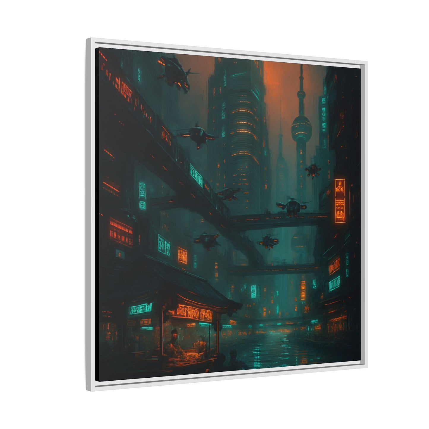 Neon Drone Cityscape Framed Matte Canvas