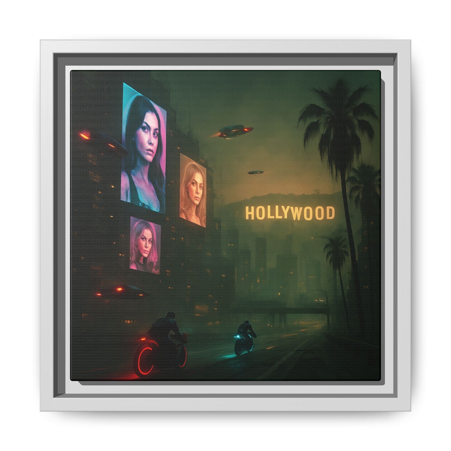 Neon Hollywood Nights Framed Matte Canvas