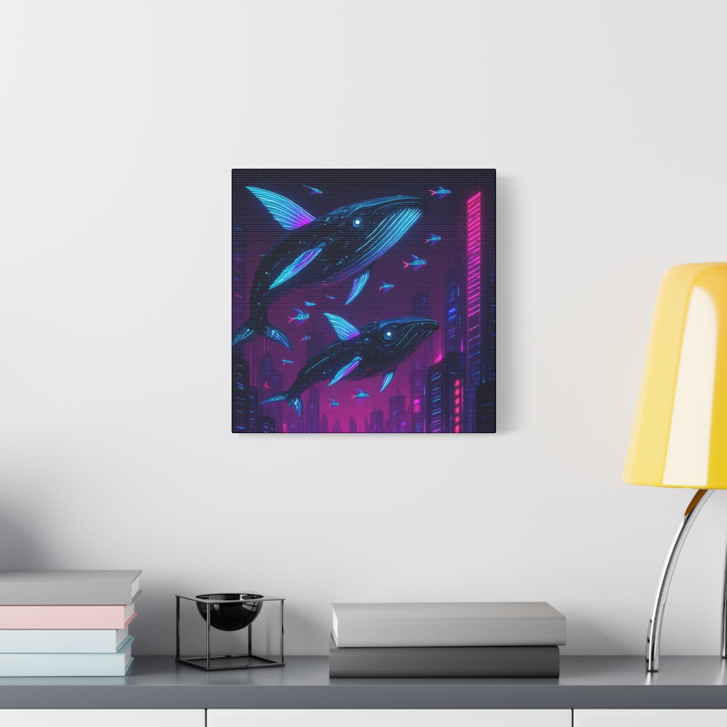 Neon Skyline Whales Matte Canvas
