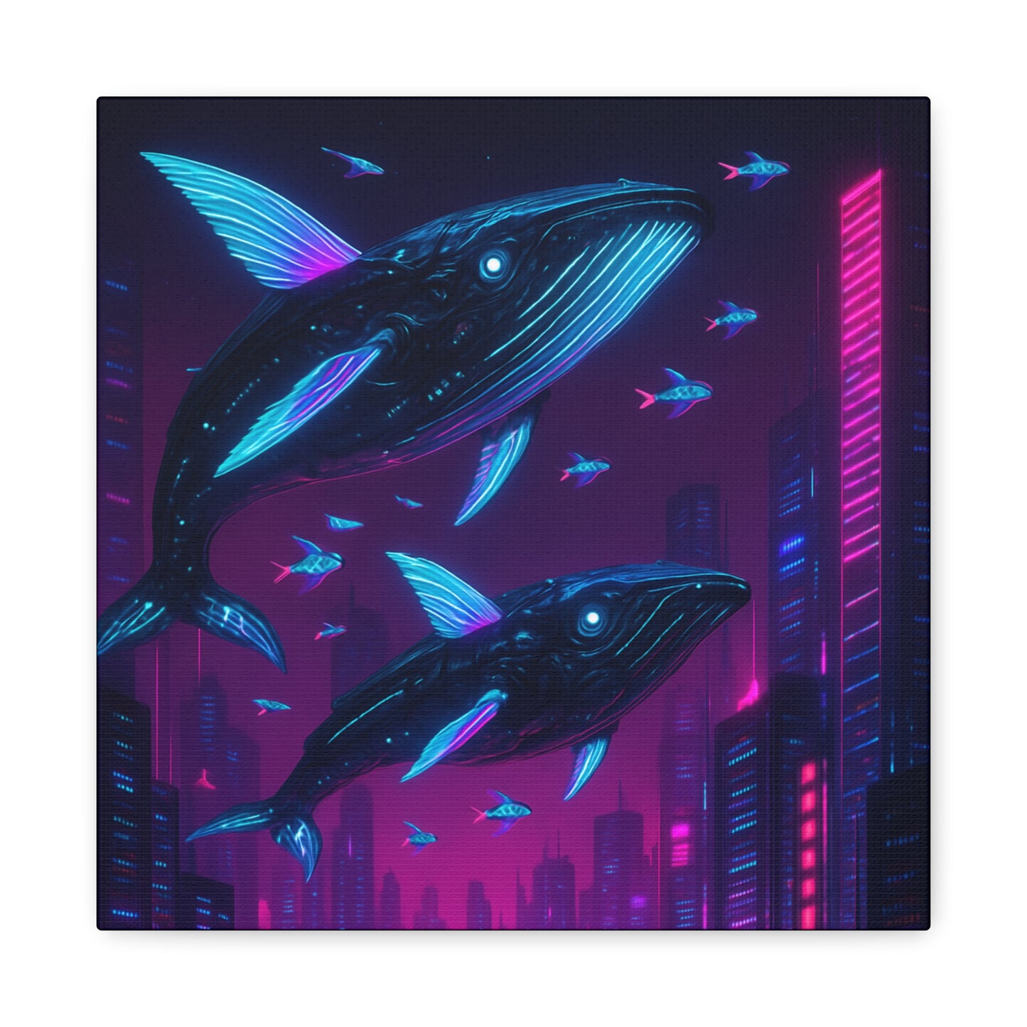 Neon Skyline Whales Matte Canvas