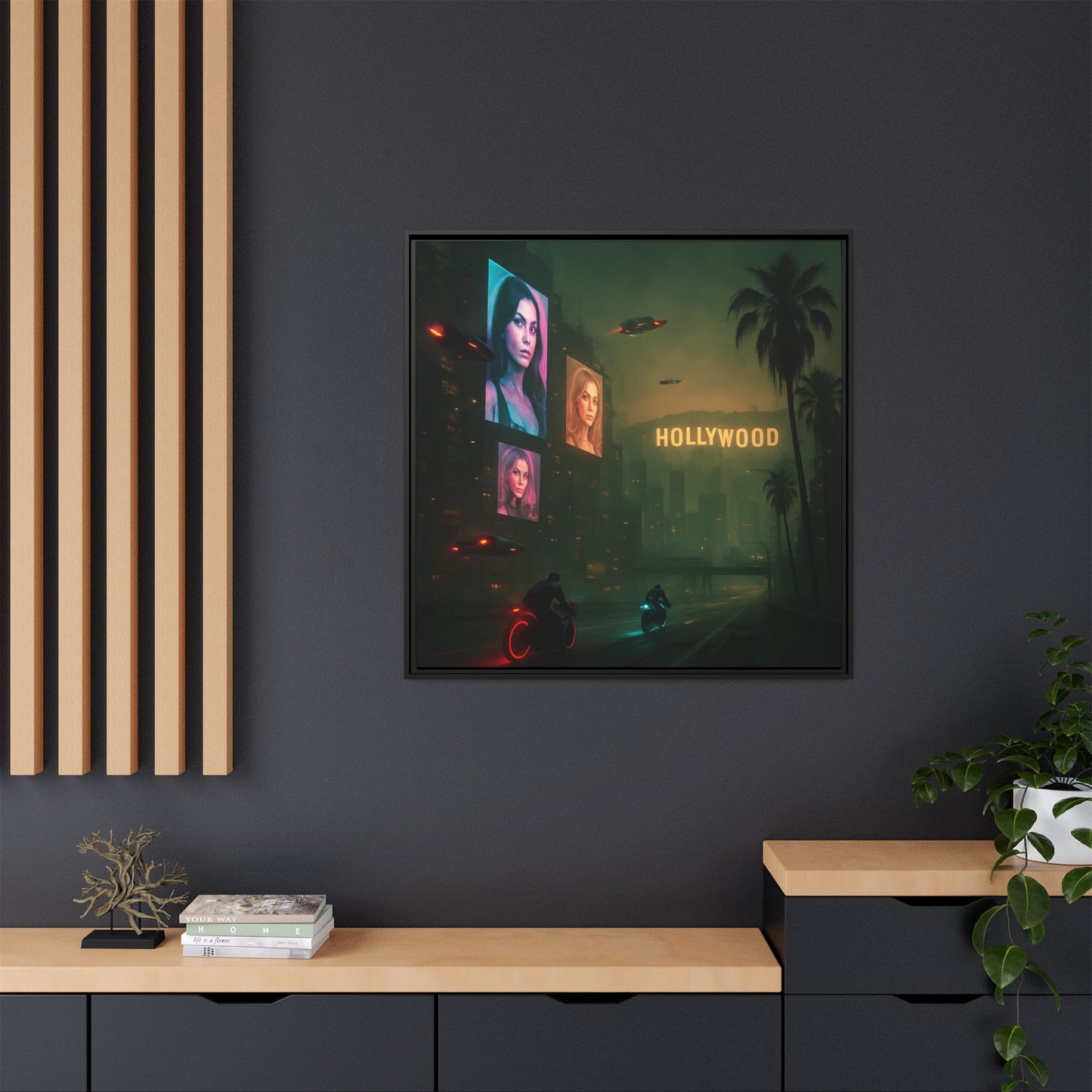 Neon Hollywood Nights Framed Matte Canvas