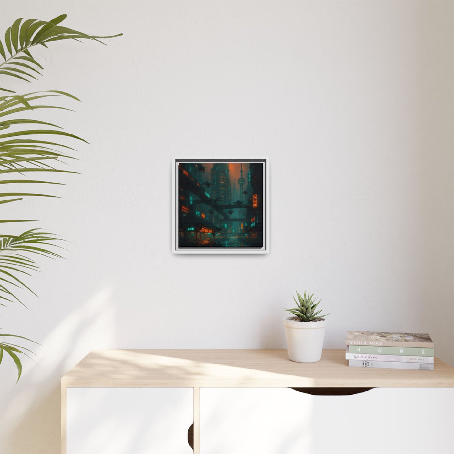 Neon Drone Cityscape Framed Matte Canvas