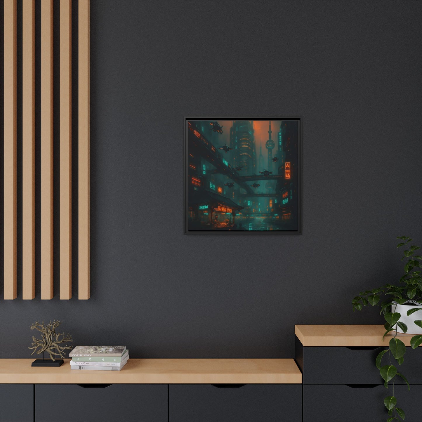 Neon Drone Cityscape Framed Matte Canvas