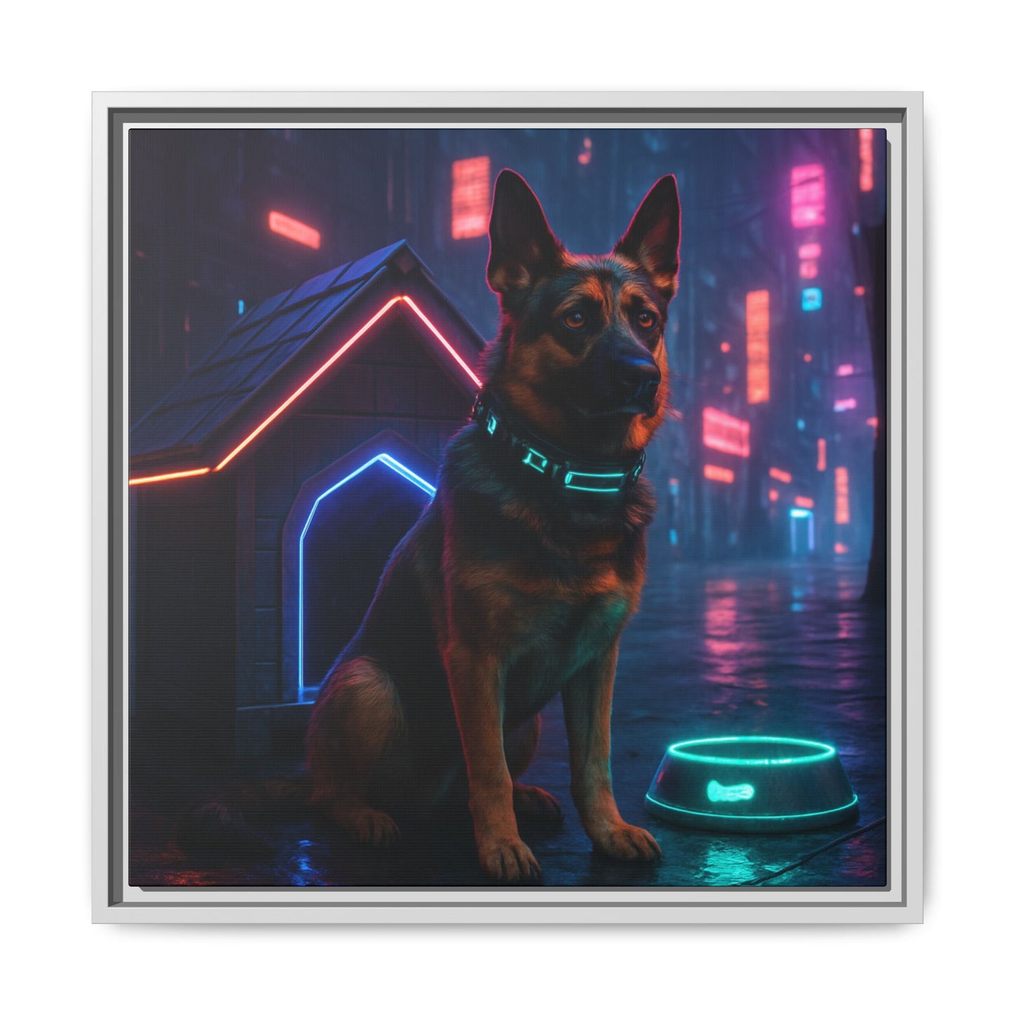 Neon City Dog Framed Matte Canvas