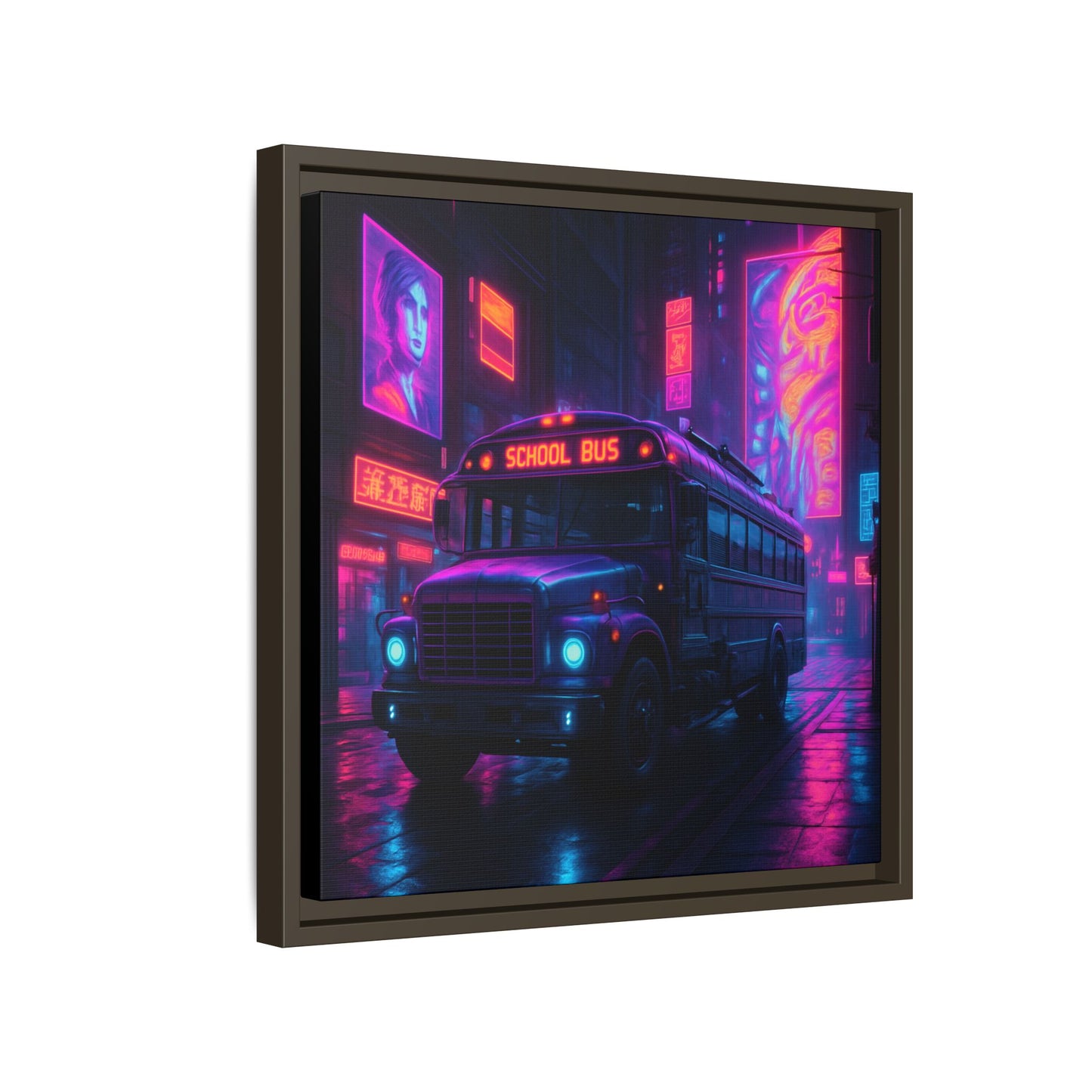 Neon School Bus City Framed Matte Canvas