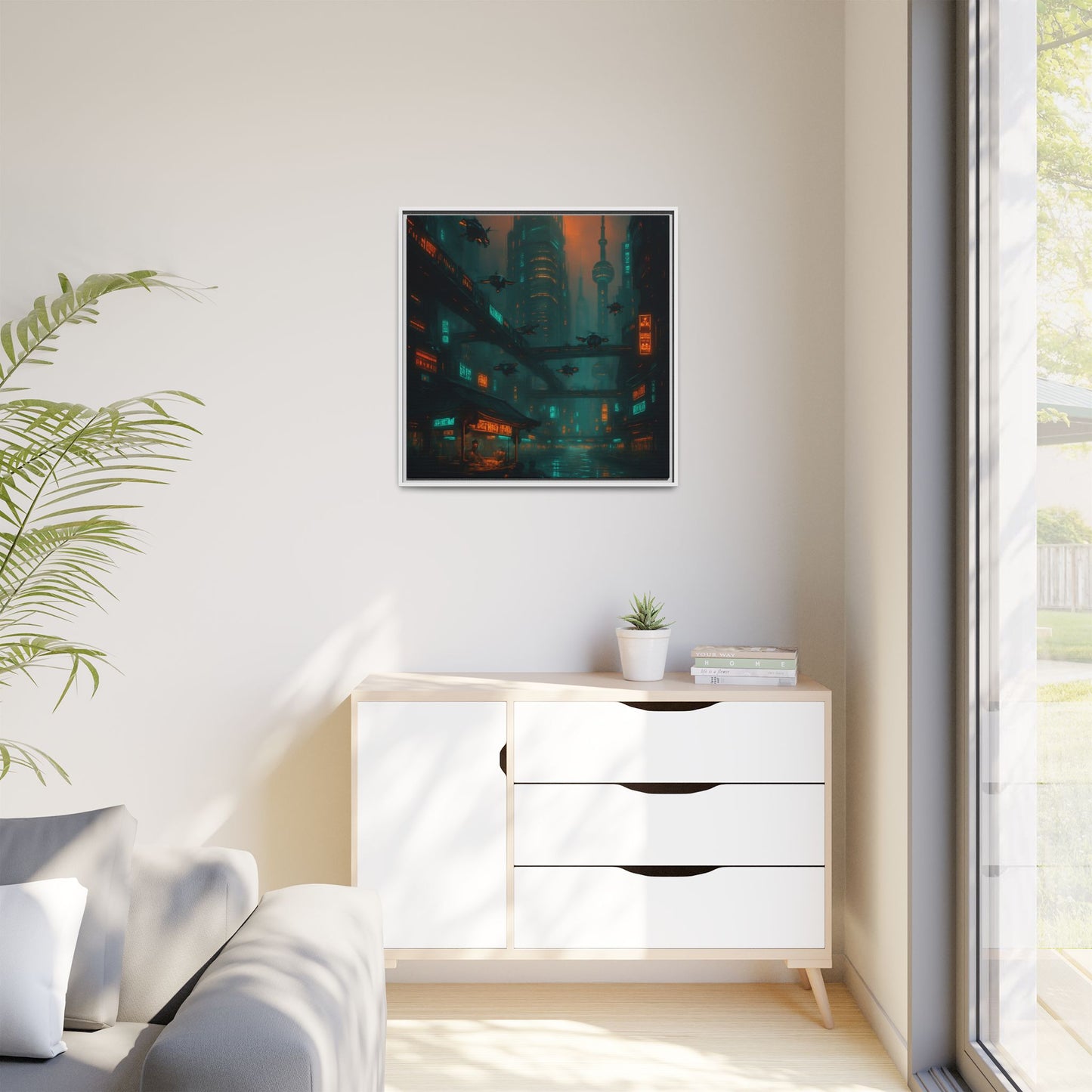 Neon Drone Cityscape Framed Matte Canvas
