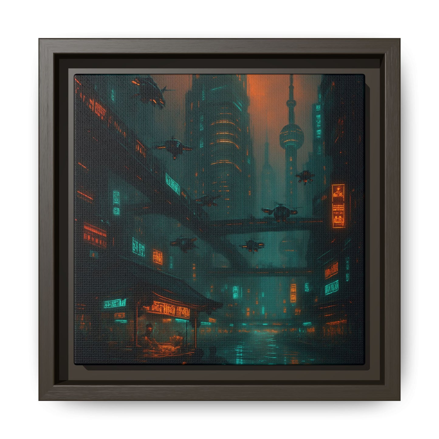 Neon Drone Cityscape Framed Matte Canvas