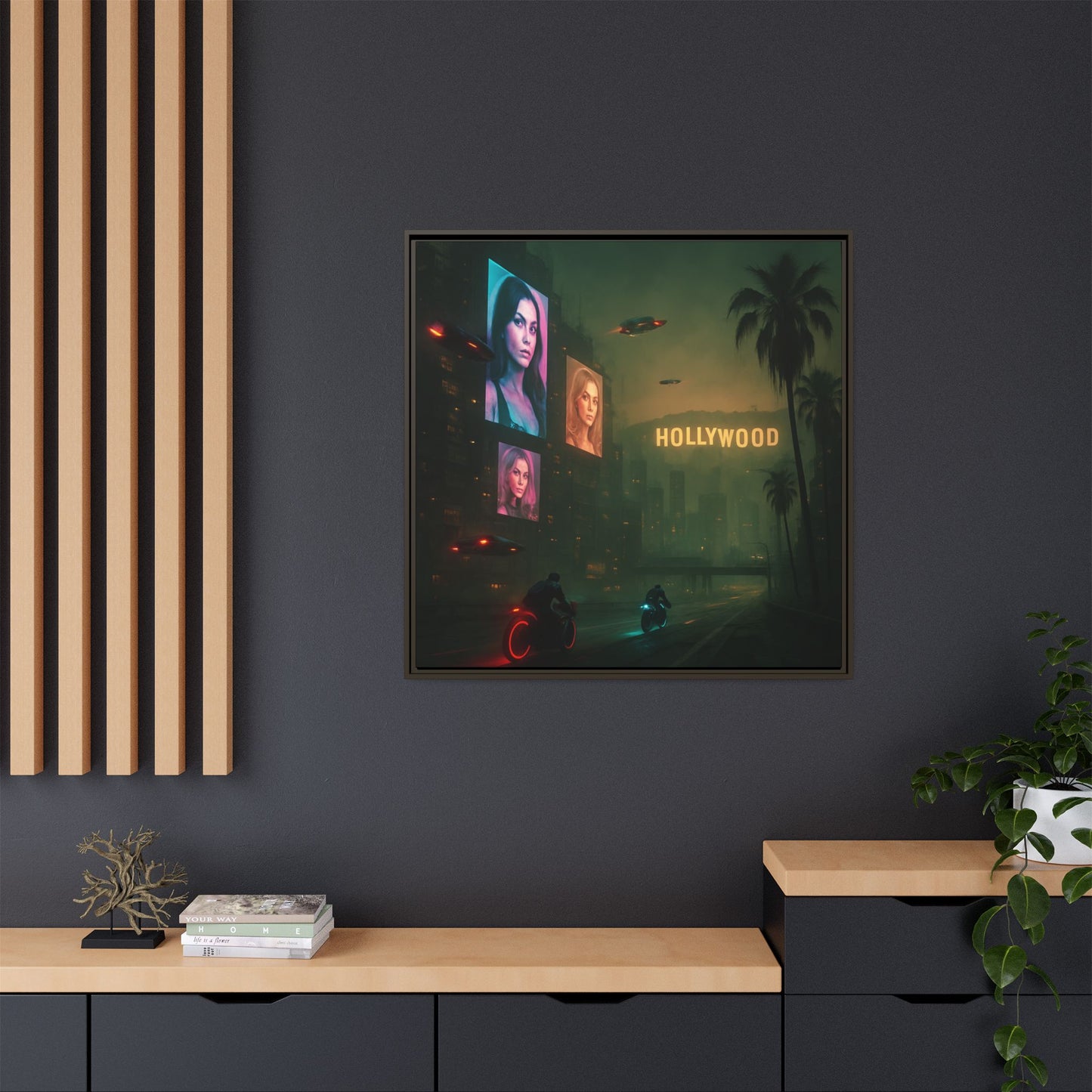 Neon Hollywood Nights Framed Matte Canvas
