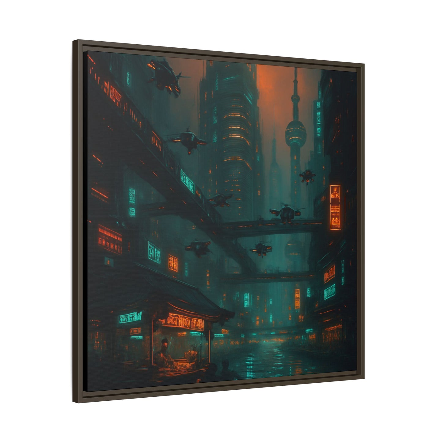 Neon Drone Cityscape Framed Matte Canvas