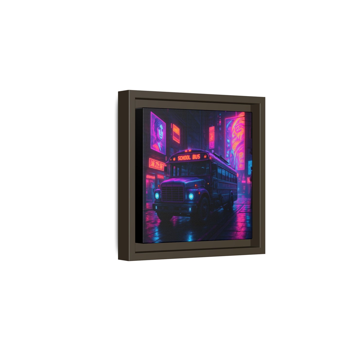 Neon School Bus City Framed Matte Canvas